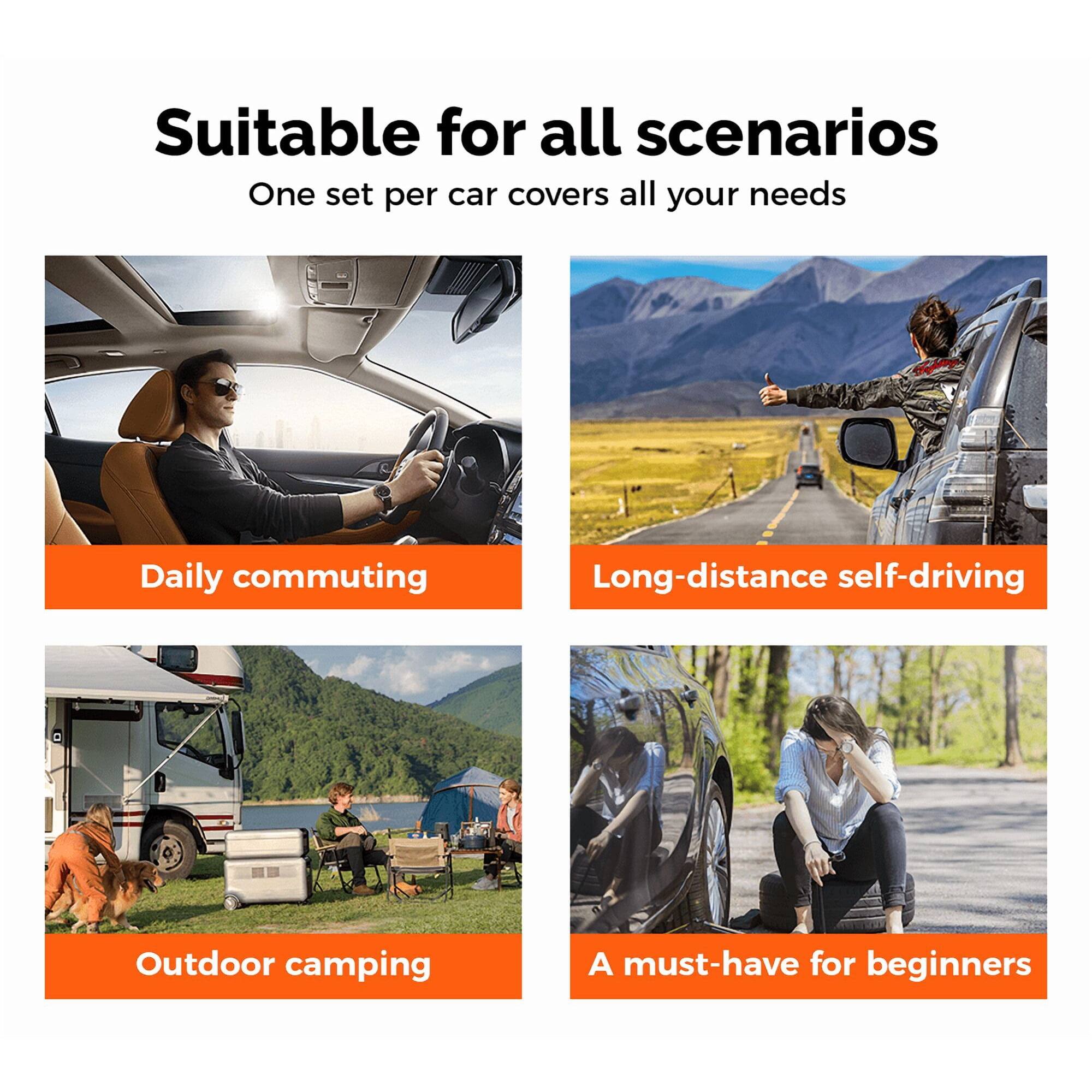 Suitable for all scenarios  
One set per car covers all your needs  
Daily commuting  
Long-distance self-driving  
Outdoor camping  
A must-have for beginners