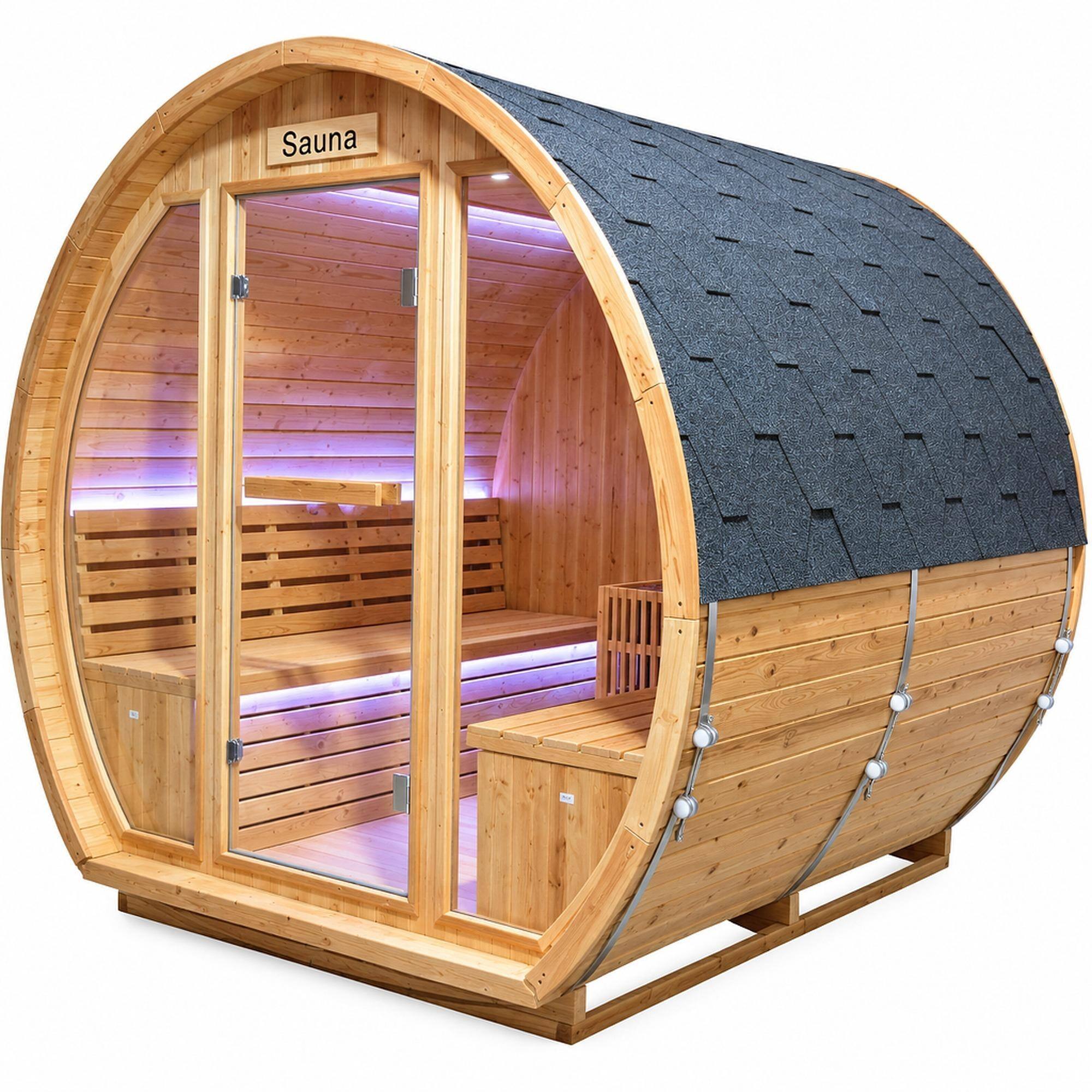 Front. RYHNUYNE - 9000W Outdoor Sauna Room, 240V Carbonized Spruce, 4-6 Person, 203 cm, Metal Stove, LED Lights - Ameican White Oak.