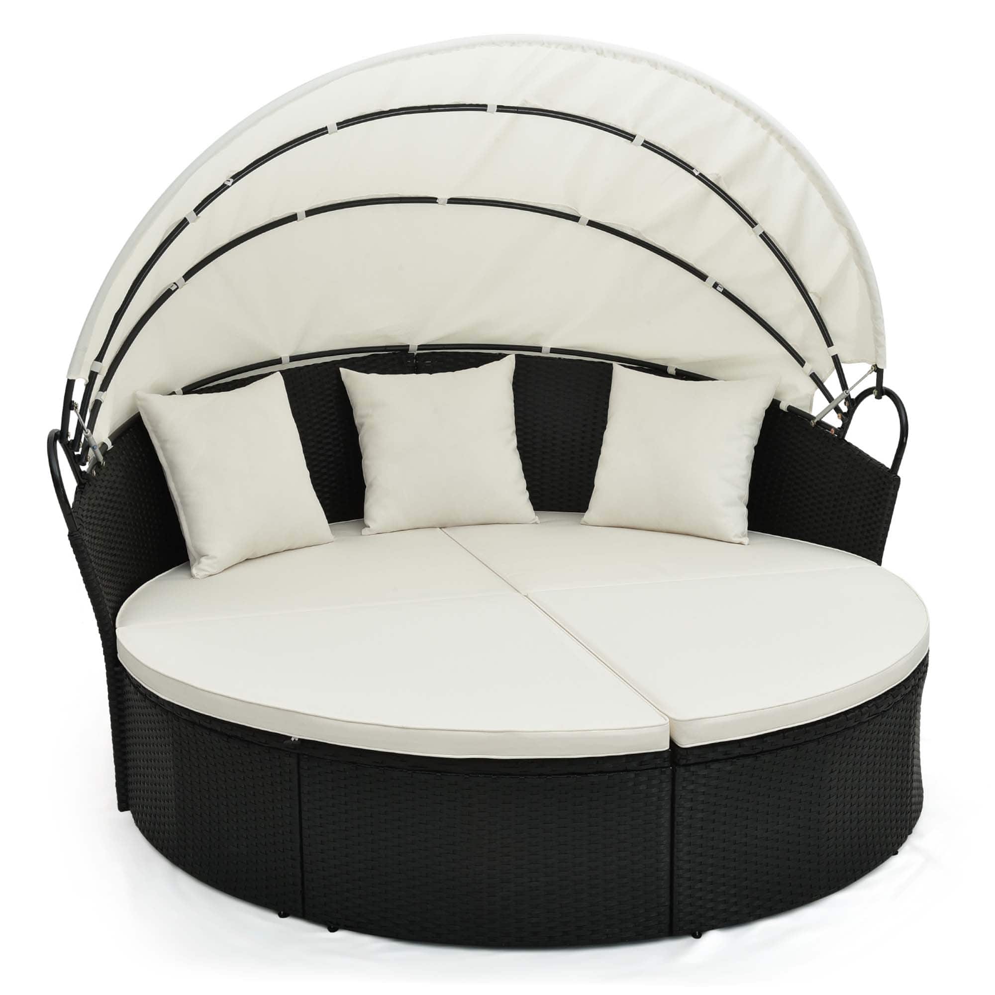 Front. Costway - Patio Round Daybed with Retractable Canopy Rattan Sectional Seating - Off White.