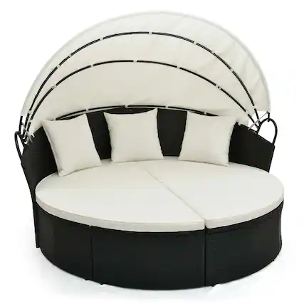 Front. Costway - Patio Round Daybed with Retractable Canopy Rattan Sectional Seating - Off White.
