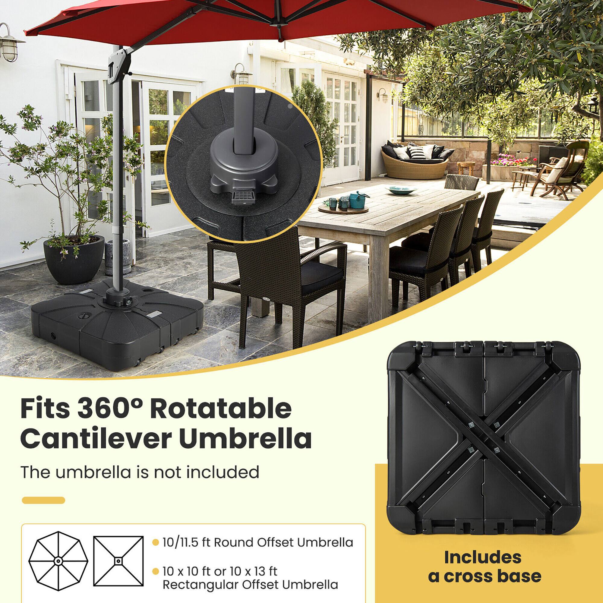 Fits 360° Rotatable Cantilever Umbrella  
The umbrella is not included  

10/11.5 ft Round Offset Umbrella  
10 x 10 ft or 10 x 13 ft Rectangular Offset Umbrella  

Includes a cross base