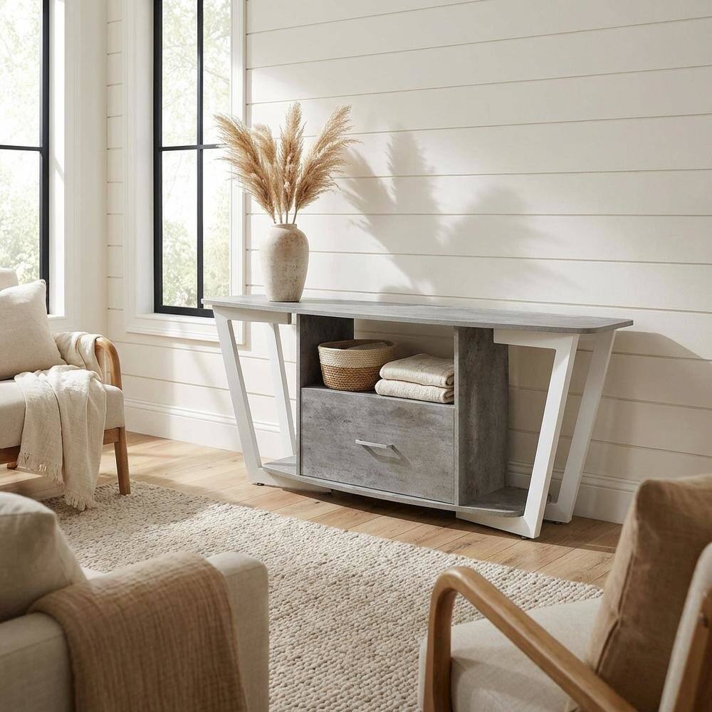 Alt View 2. FurniFact - White powder-coated metal TV stand with shelves for 65-inch TVs - White.