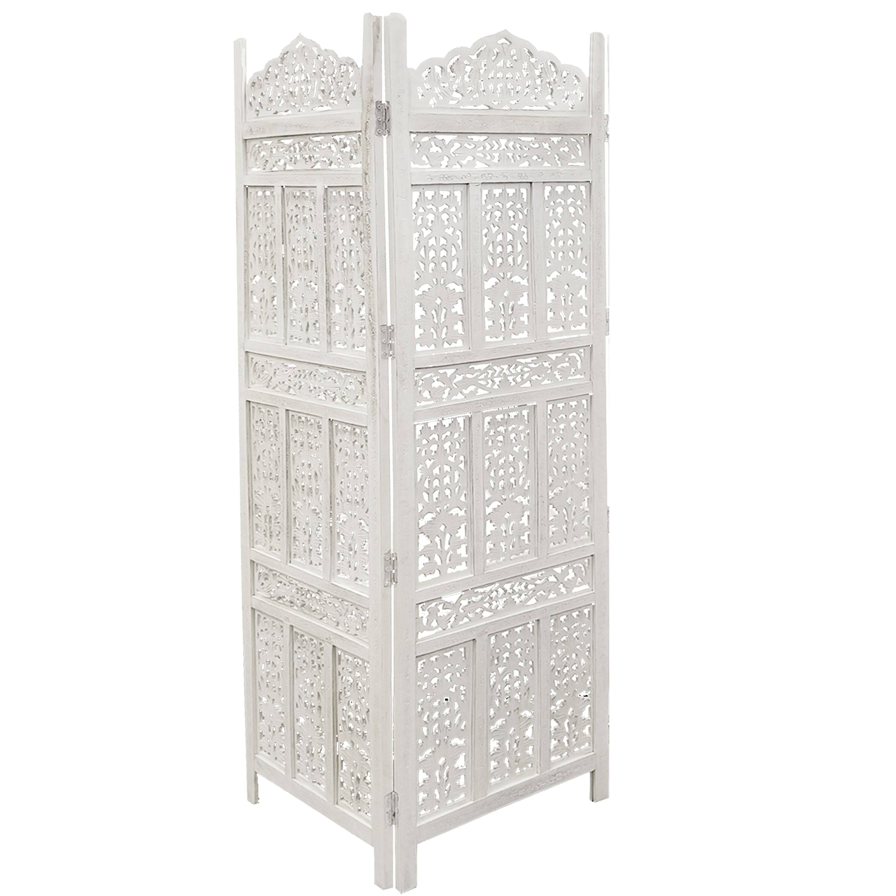 Angle. Manhattan Lane - Aesthetically Carved 4 Panel Wooden Partition Screen/Room Divider - White.