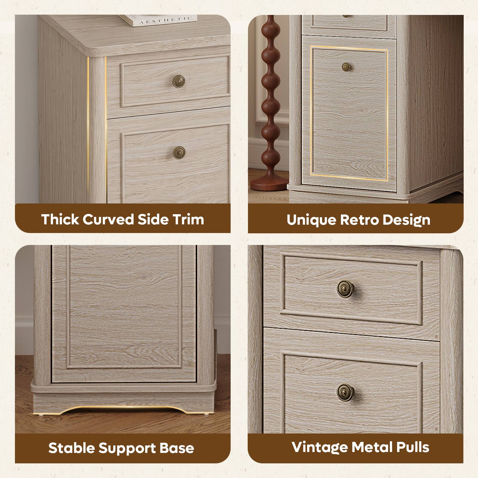 AESTHETIC

- Thick Curved Side Trim
- Unique Retro Design
- Stable Support Base
- Vintage Metal Pulls