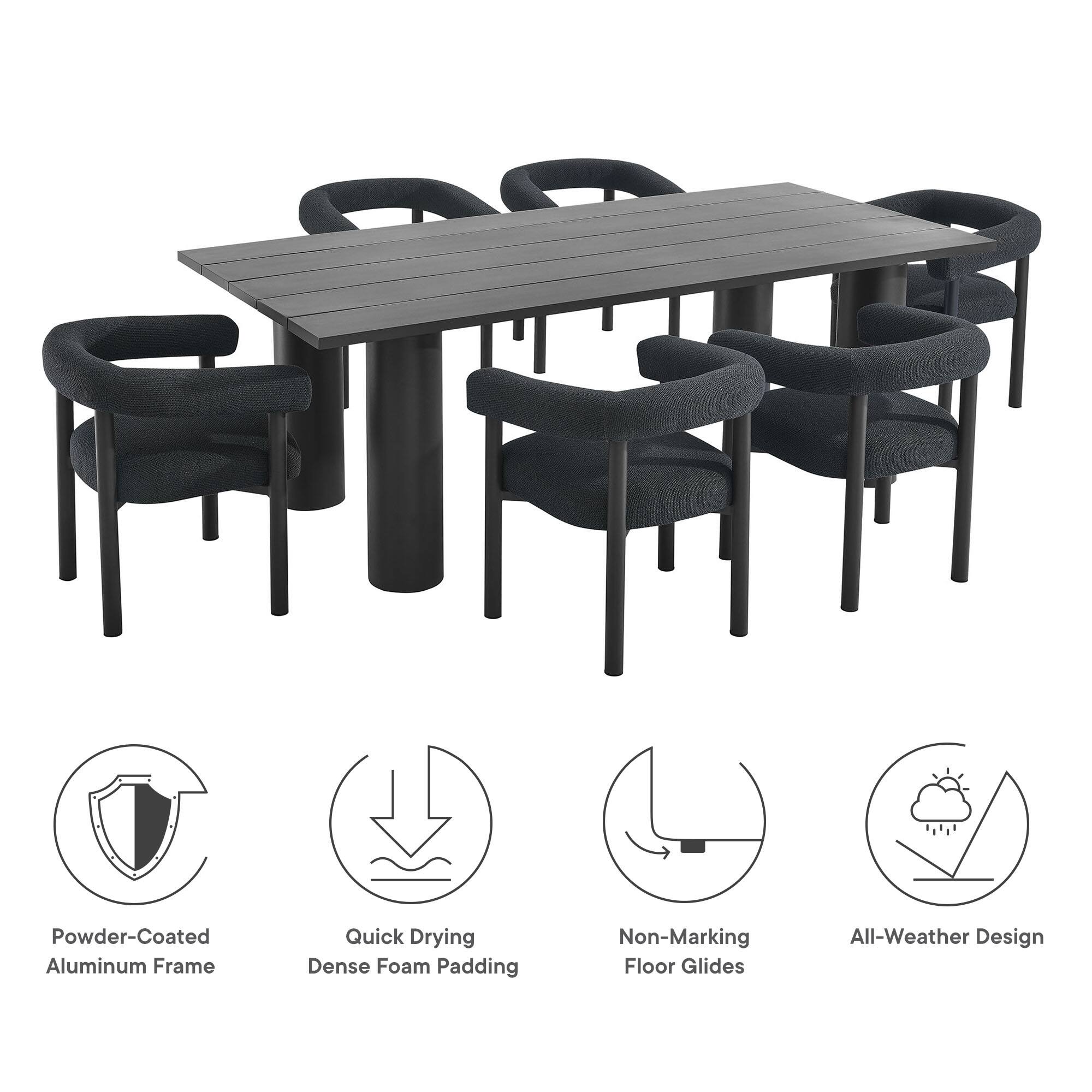 Powder-Coated Aluminum Frame  
Quick Drying Dense Foam Padding  
Non-Marking Floor Glides  
All-Weather Design