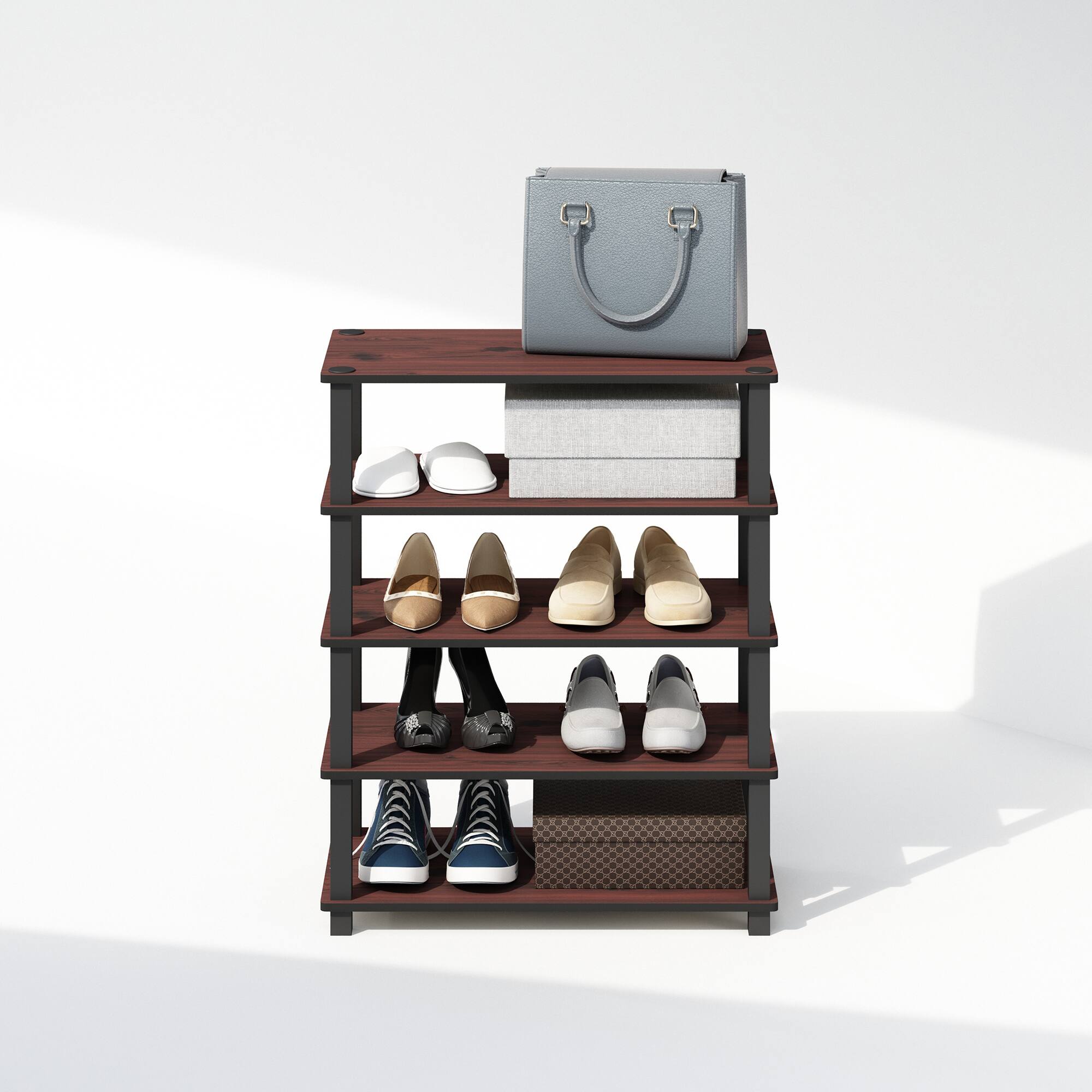 Alt View 4. Furinno - Turn-S-Tube 3-Tier Multipurpose Stackable Shoe Rack, Set of 2 - Dark Cherry/Black.