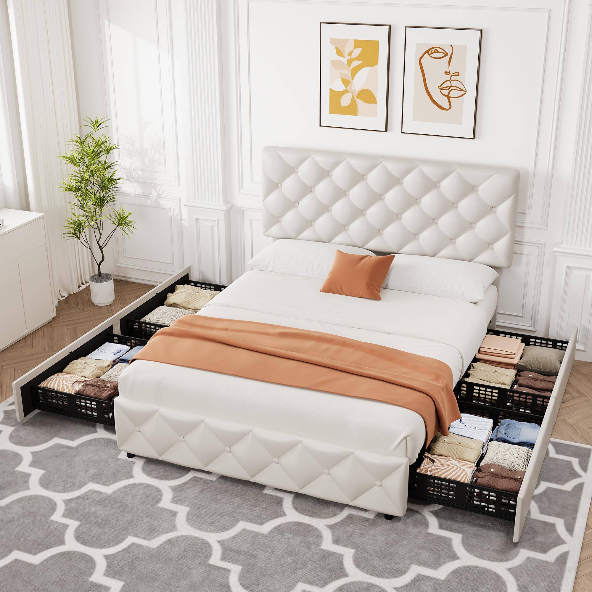 Alt View 5. Jojoka - Full Upholstered Bed Frame with 4 Drawers & Adjustable Tufted Headboard, Diamond Stitched Button Tufted - White-PU.
