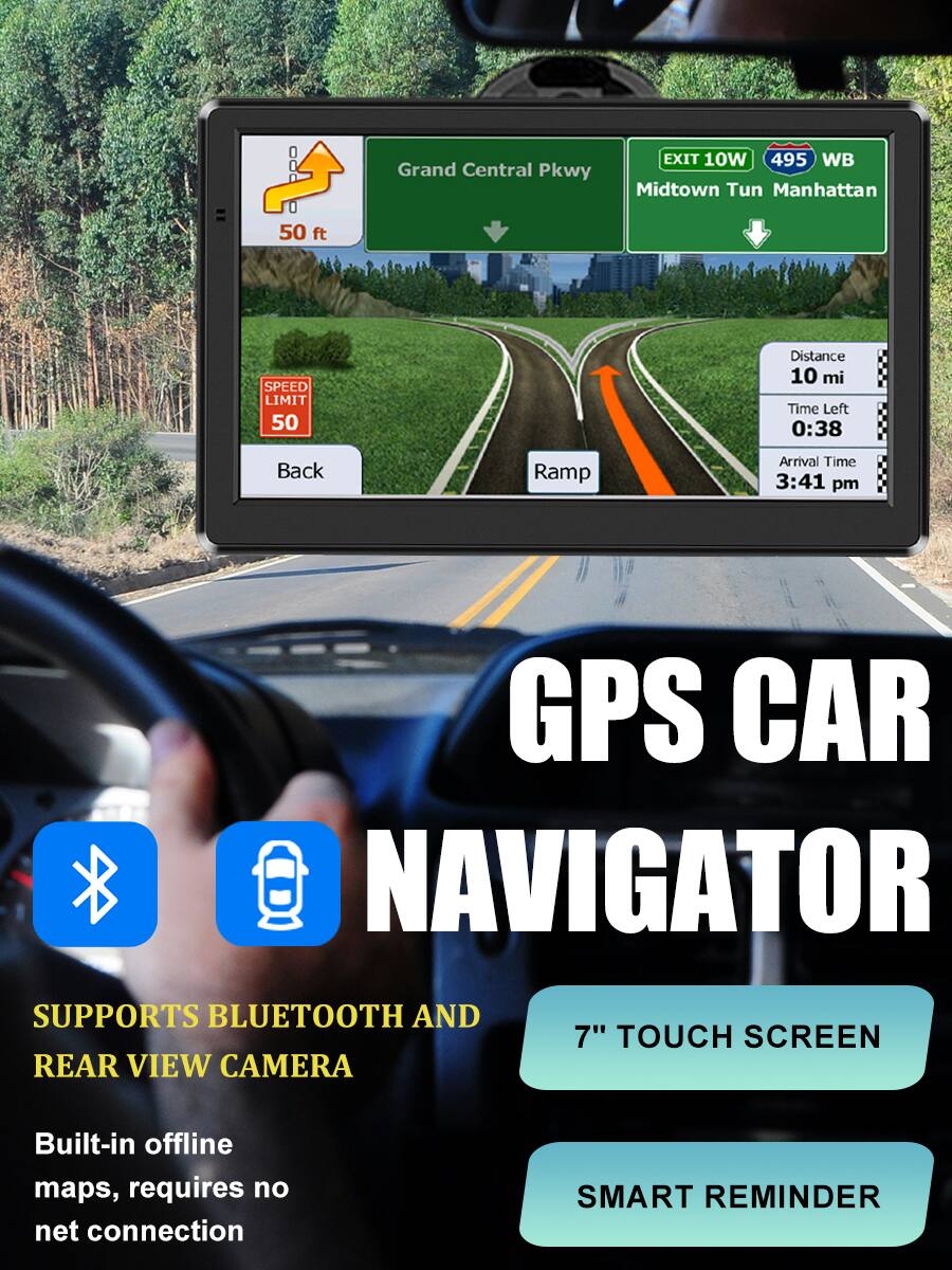 GPS Car Navigator

- Grand Central Pkwy
- EXIT 10W 495 WB Midtown Tun Manhattan
- 50 ft
- SPEED LIMIT 50
- Distance 10 mi
- Time Left 0:38
- Arrival Time 3:41 pm

Features:
- Supports Bluetooth and Rear View Camera
- 7" Touch Screen
- Built-in offline maps, requires no net connection
- Smart Reminder