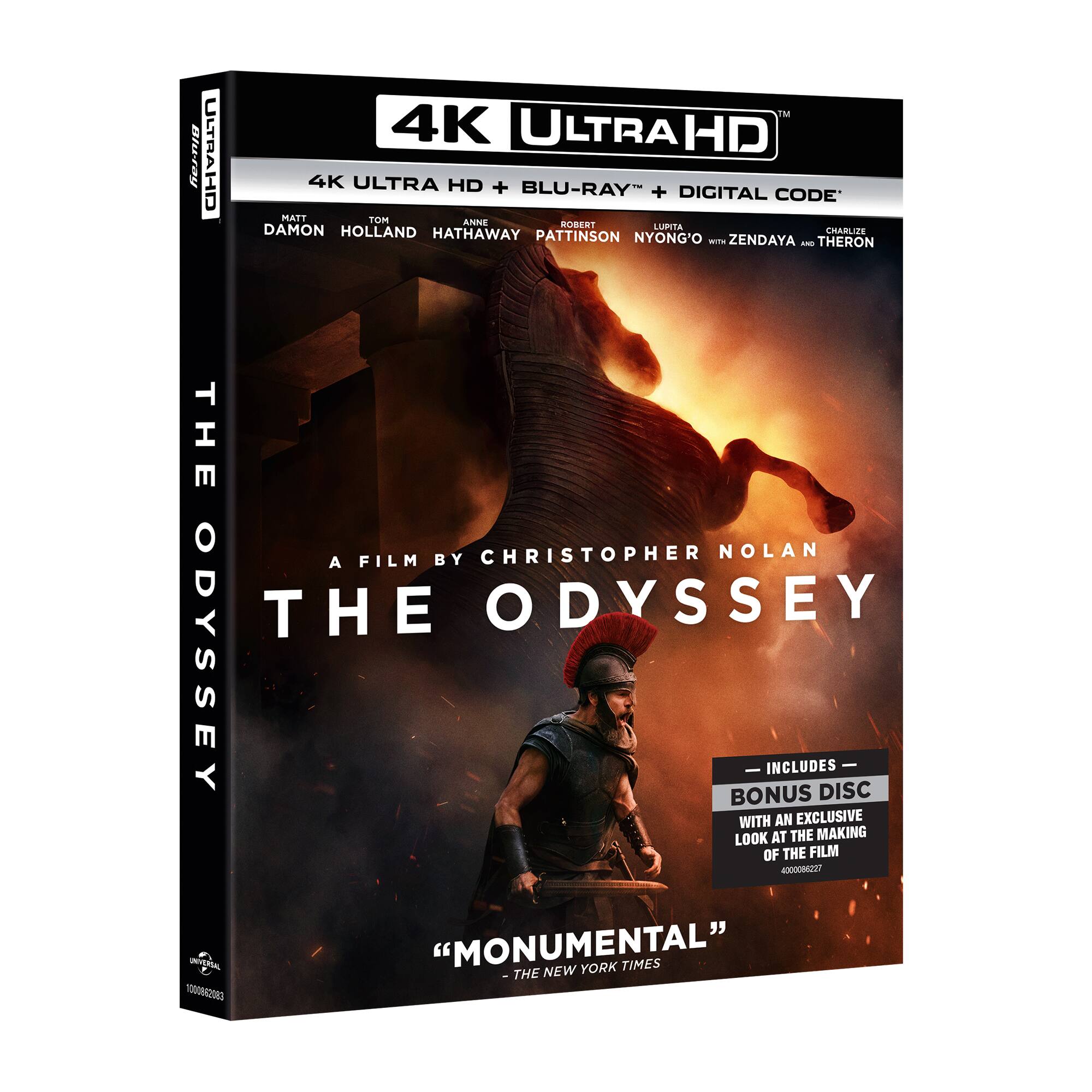 TM ULTRA 4K ULTRA HD Blu-ray CH 4K ULTRA HD + BLU-RAY + DIGITAL CODE MATT DAMON TOM HOLLAND ANNE HATHAWAY CHARLIZE PATTINSON LUPITA NYONG'O WITH ZENDAYA AND CHARLIZE THORON A FILM BY CHRISTOPHER NOLAN THE ODYSSEY BONUS DISC WITH AN EXCLUSIVE LOOK AT THE MAKING OF THE FILM "MONUMENTAL" - THE NEW YORK TIMES