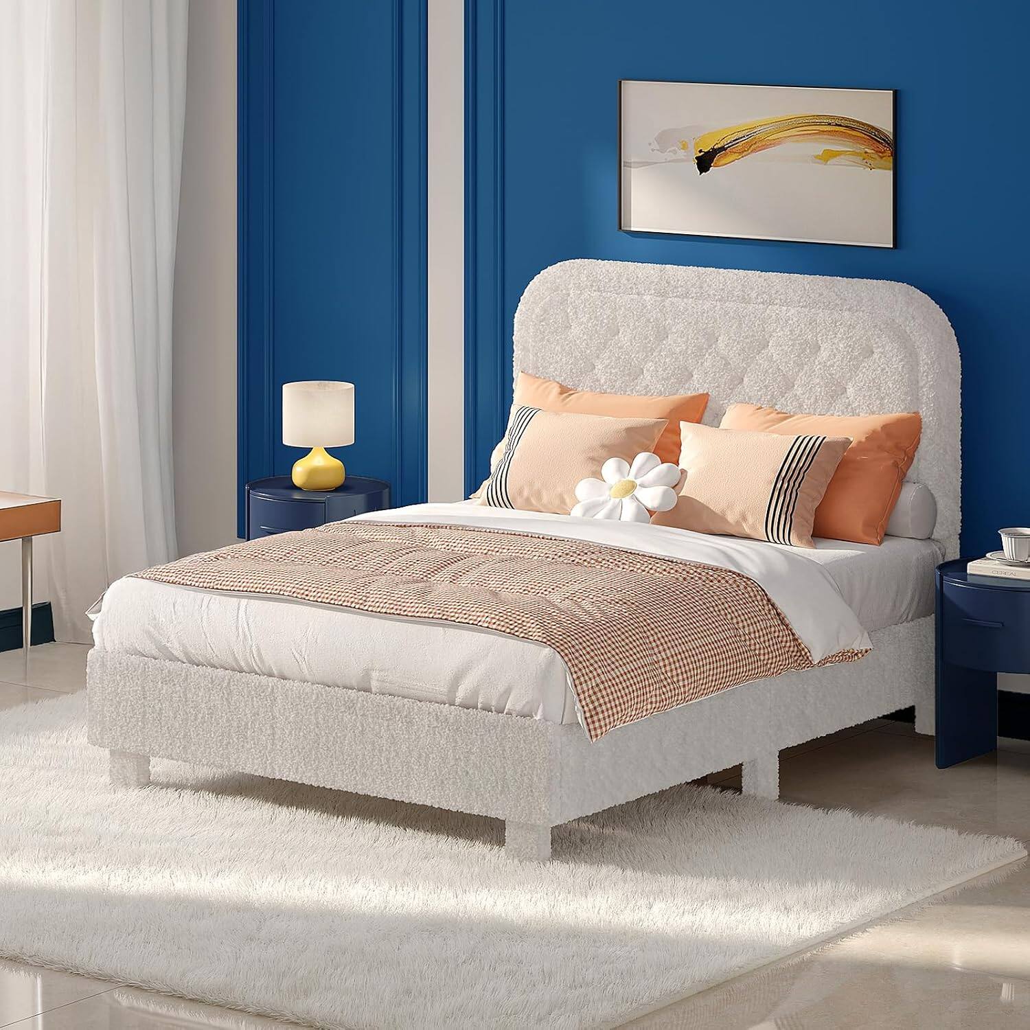 Alt View 7. Winado - Bed Frame with Headboard,Cozy Soft Platform Bed with Wooden Slats Support Cream Modern Style,Noise Free,Rounded Corners - Full-White.