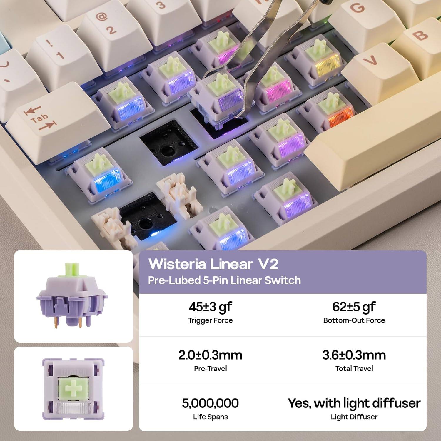 Wisteria Linear V2 Pre-Lubed 5-Pin Linear Switch

- Trigger Force: 45±3 gf
- Bottom-Out Force: 62±5 gf
- Pre-Travel: 2.0±0.3mm
- Total Travel: 3.6±0.3mm
- Life Spans: 5,000,000
- Light Diffuser: Yes, with light diffuser