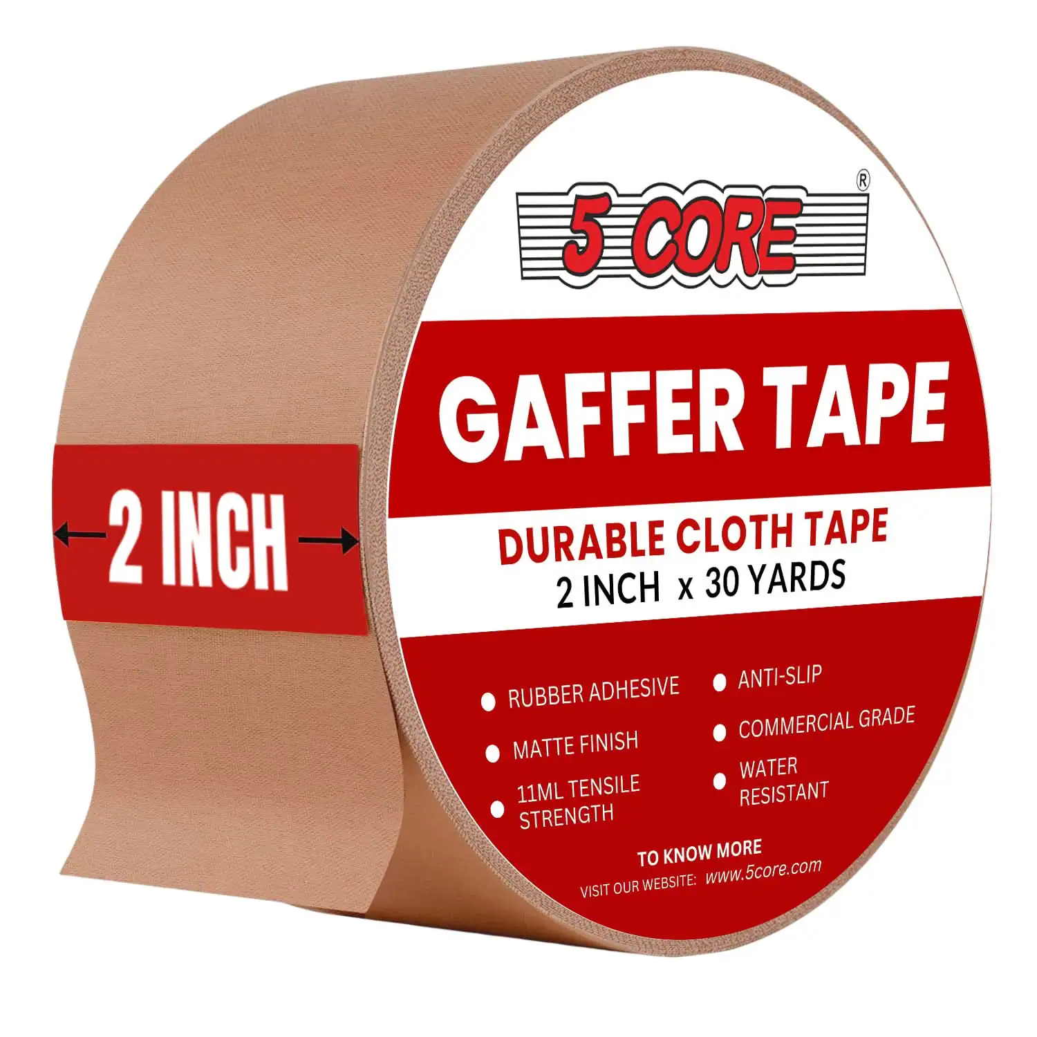 5 CORE - Gaffers Tape 2 Inch 30 Yards Professional Pro Gaff Tape Non Reflective Water Resistant - Brown