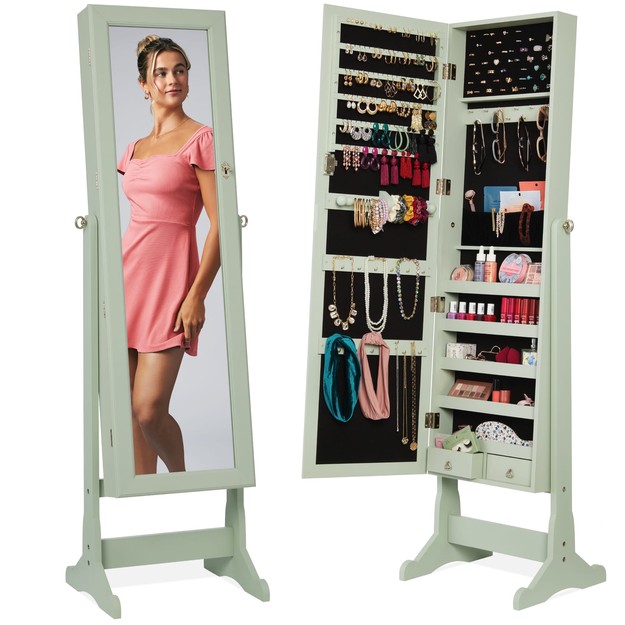 Best Choice Products - Jewelry Armoire Cabinet, Full Length Mirror w/ Velvet Storage Interior, Lock - Sage