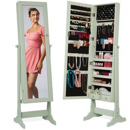 Best Choice Products - Jewelry Armoire Cabinet, Full Length Mirror w/ Velvet Storage Interior, Lock - Sage