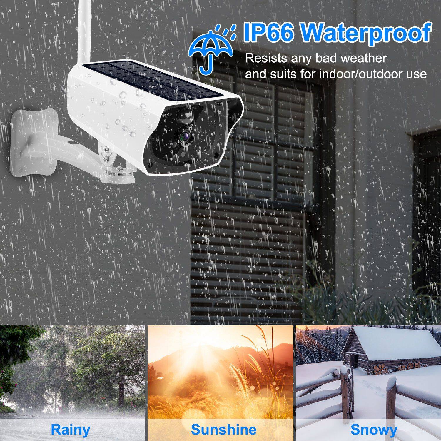 IP66 Waterproof  
Resists any bad weather and suits for indoor/outdoor use  

Rainy  
Sunshine  
Snowy