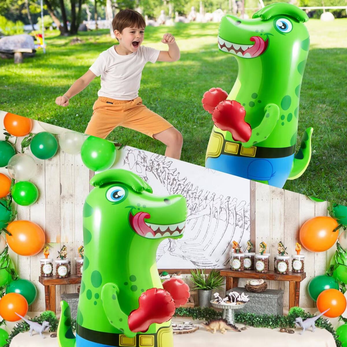 Alt View 4. Joyfy - T-Rex Dinosaur Inflatable Punching Bag for Kids 47" Blow Up Bopper Bouncing-Back Indoor Outdoor Toys Xmas Birthday Gifts - Blue Green.