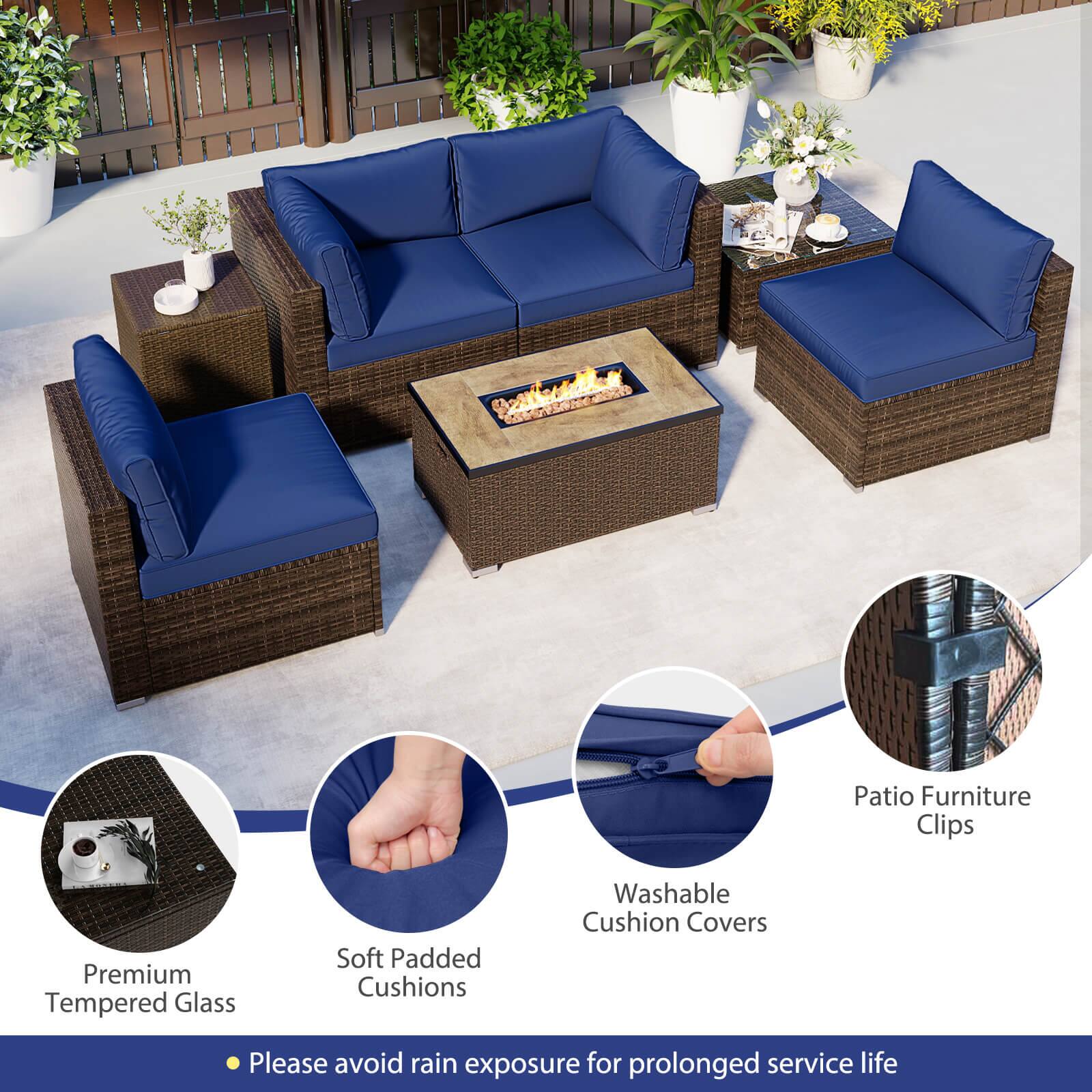 Patio Furniture Clips  
Premium Tempered Glass  
Soft Padded Cushions  
Washable Cushion Covers  

Please avoid rain exposure for prolonged service life