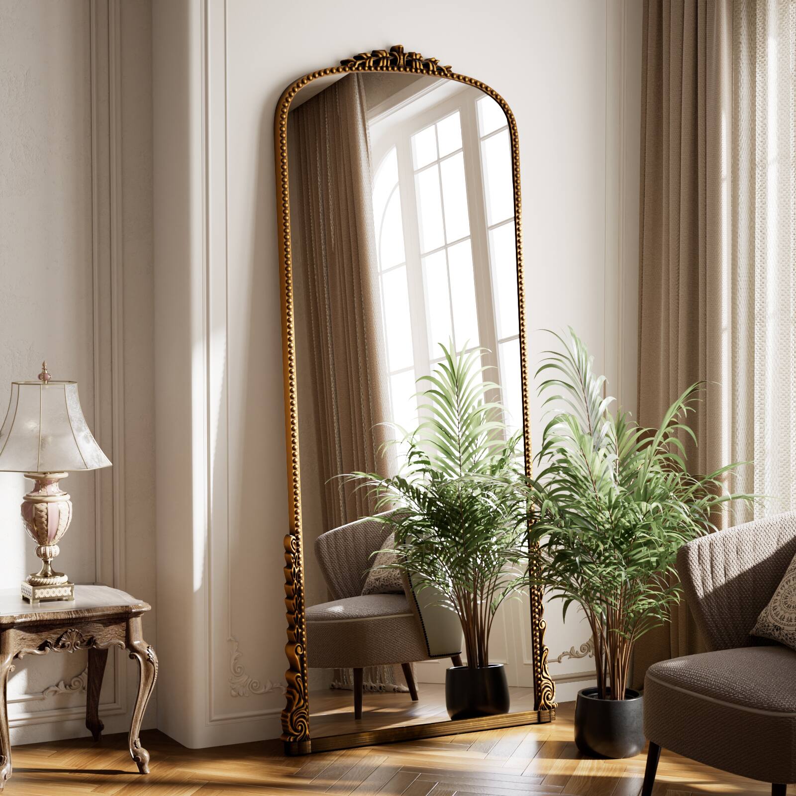 Back. Easly - Antique Gold 28 in. W x 69 in. H Carved Arched PU Frame Full Length Floor Mirror - Gold.