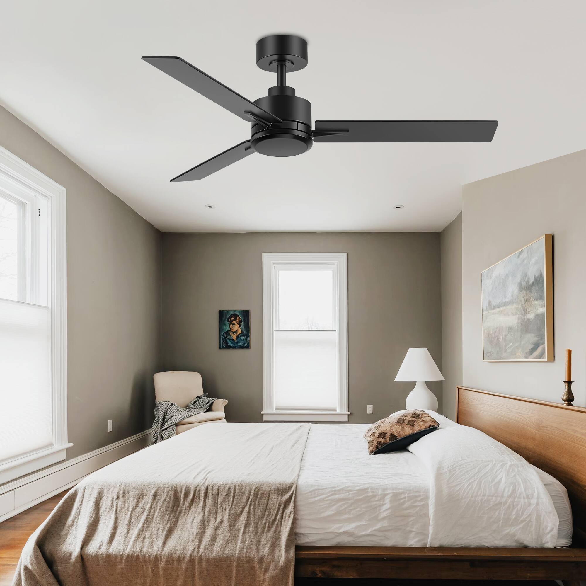 Back. Breezary - 48-Inch Indoor Ceiling Fan with Remote, 3 Plywood Blades, 6-Speed DC Motor, 5'' Downrod, LED/No Light, Single or 2-Pack - Matte Black (Without Light).