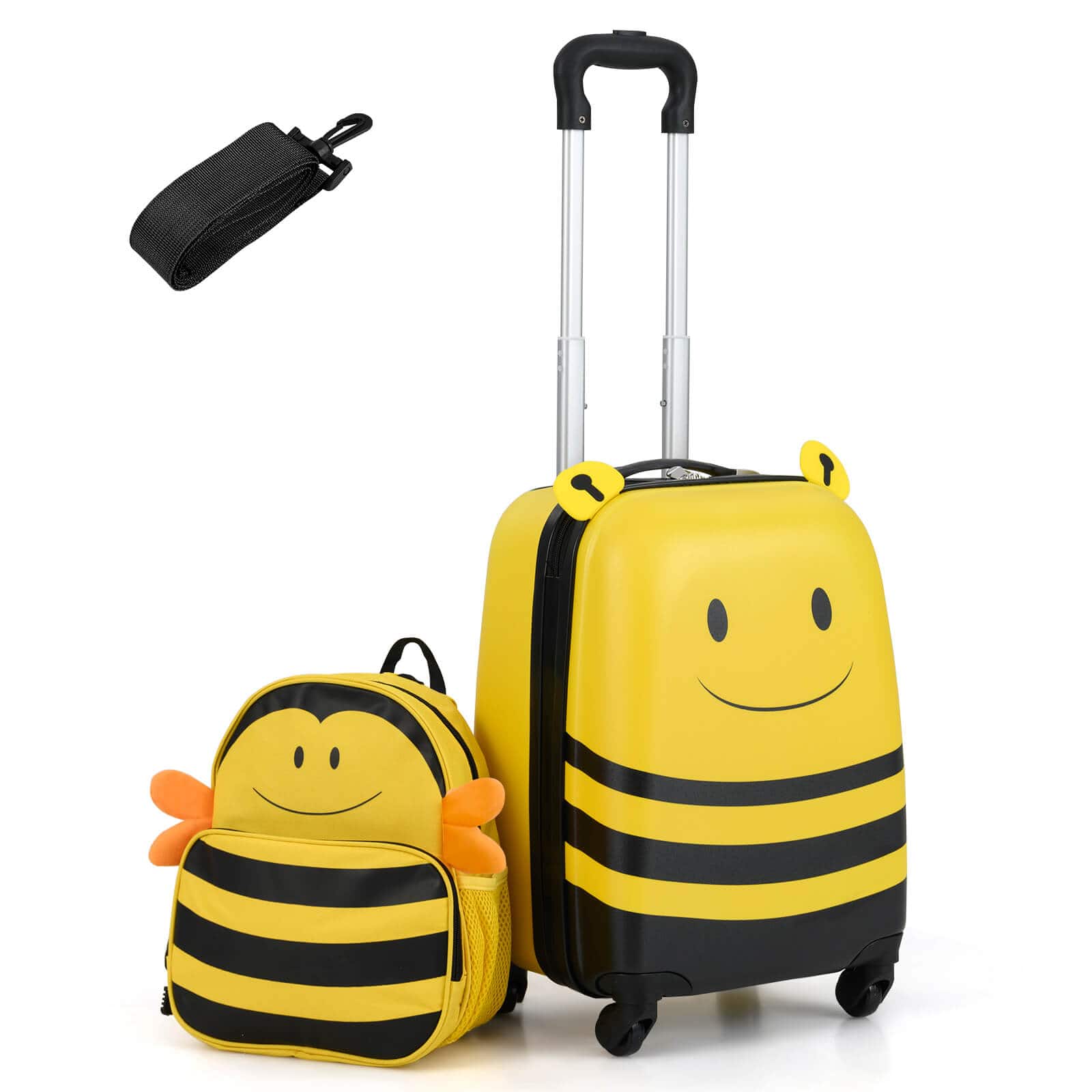 Costway - 2-Piece Kid's Luggage Set with Cute Bee Backpack & 18" Rolling Suitcase Name Card - Yellow