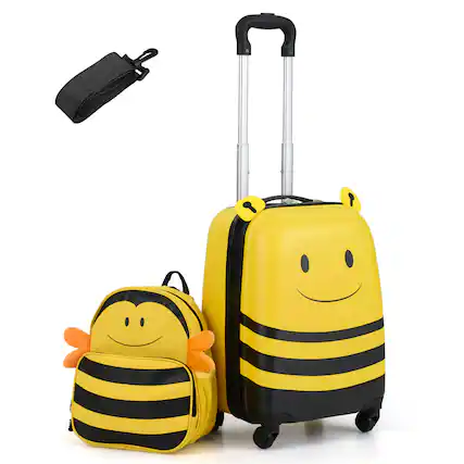 Front. Costway - Costway 2-Piece Kid's Luggage Set with Cute Bee Backpack & 18" Rolling Suitcase Name Card - Yellow.