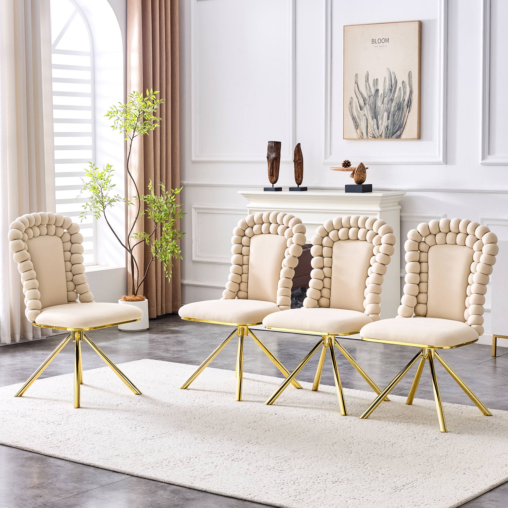 Back. Loheer - Loheer Beige Velvet Dining Chairs Set of 2, Bubble Accent Chairs with Gold Legs for Dining Room Kitchen, 1.71 ft - Beige,Gold.