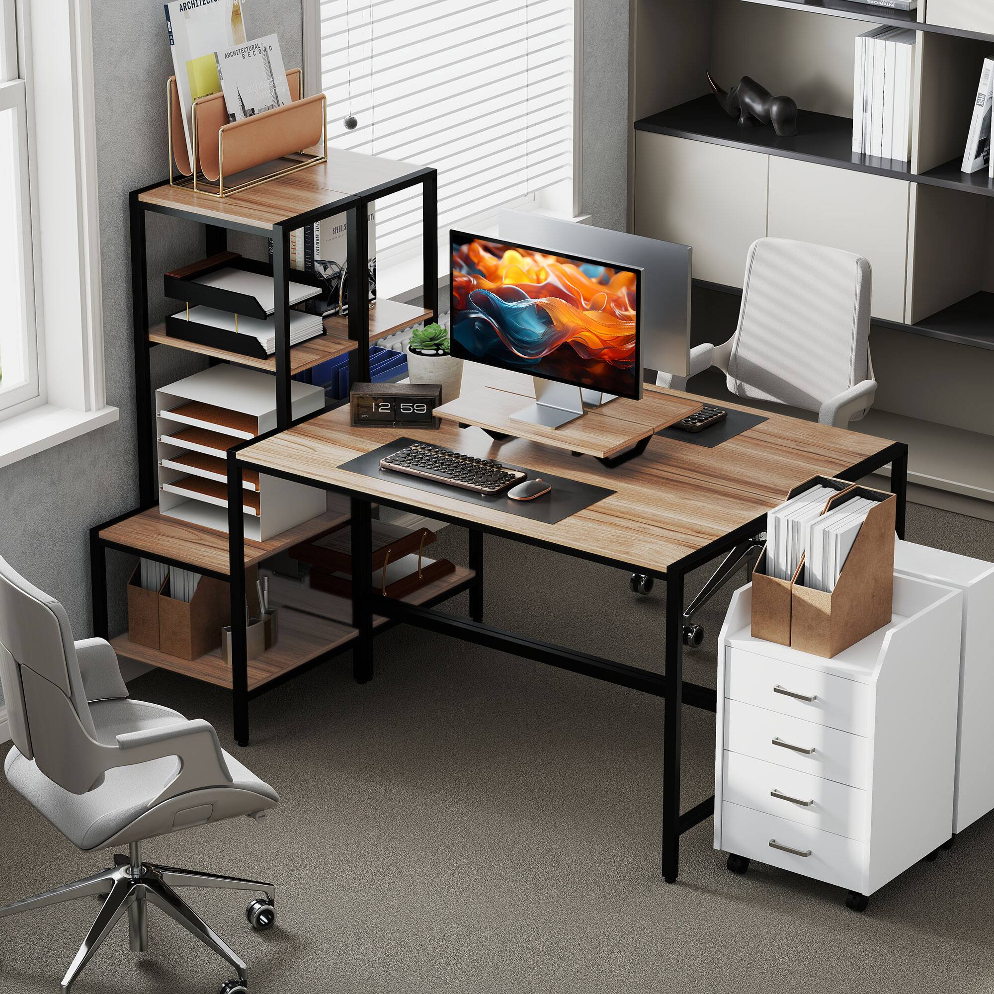 Alt View 7. Homcom - Desk, 67" CPU Desk with Monitor Stand, Reversible 4-Tier Shelf - Brown.