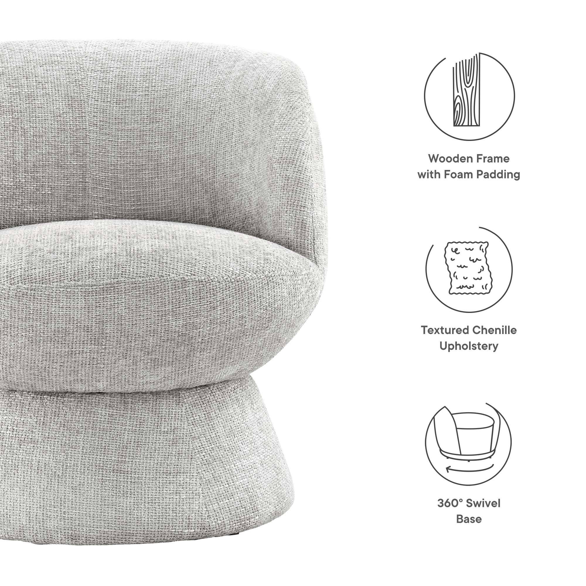 - Wooden Frame with Foam Padding
- Textured Chenille Upholstery
- 360° Swivel Base