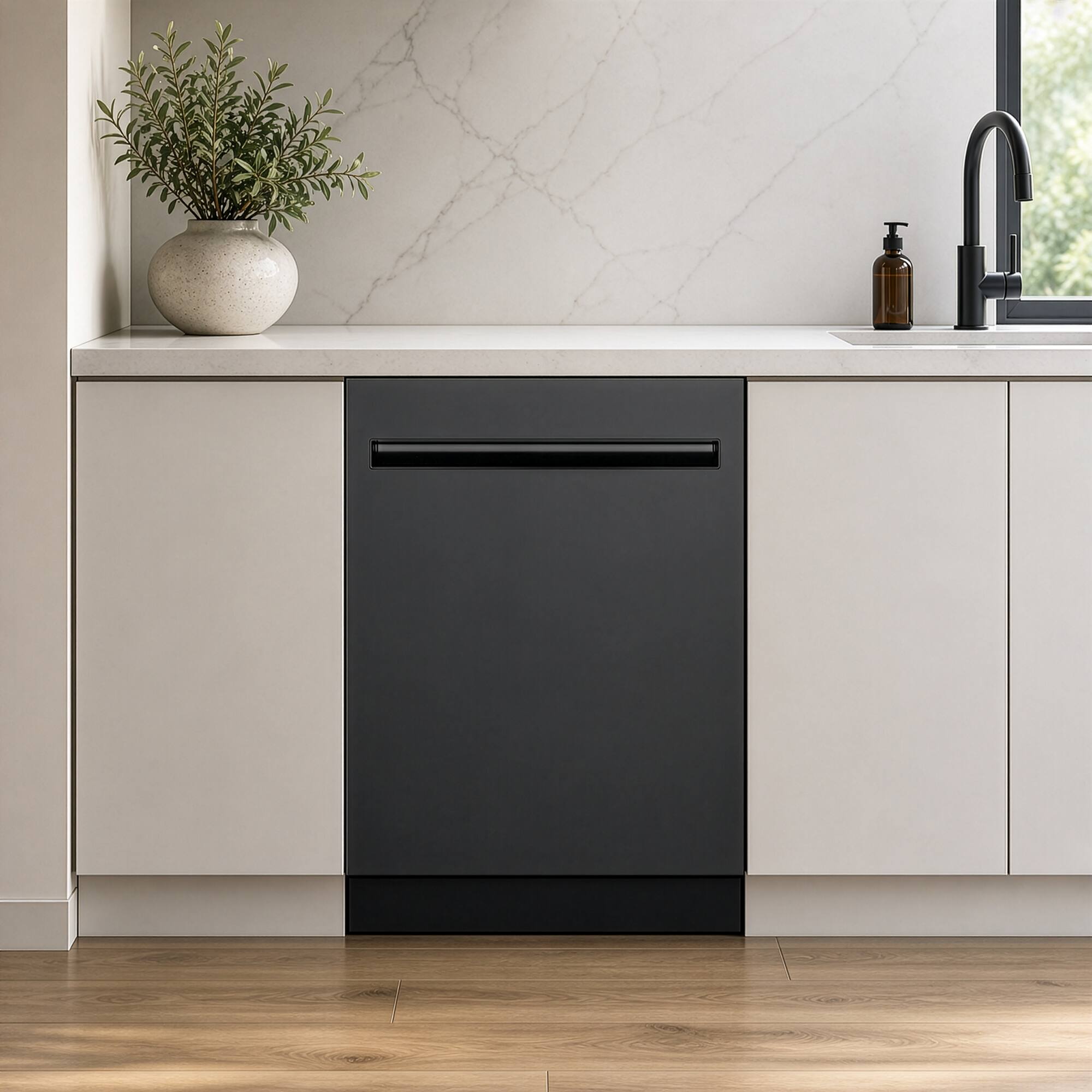 Angle. COSMO - COS-DWI240TTRBK 24 in. Icon Collection Top Control Tall Tub Built-in Dishwasher with 3 Racks, Quiet 45 dBa - Matte Black.