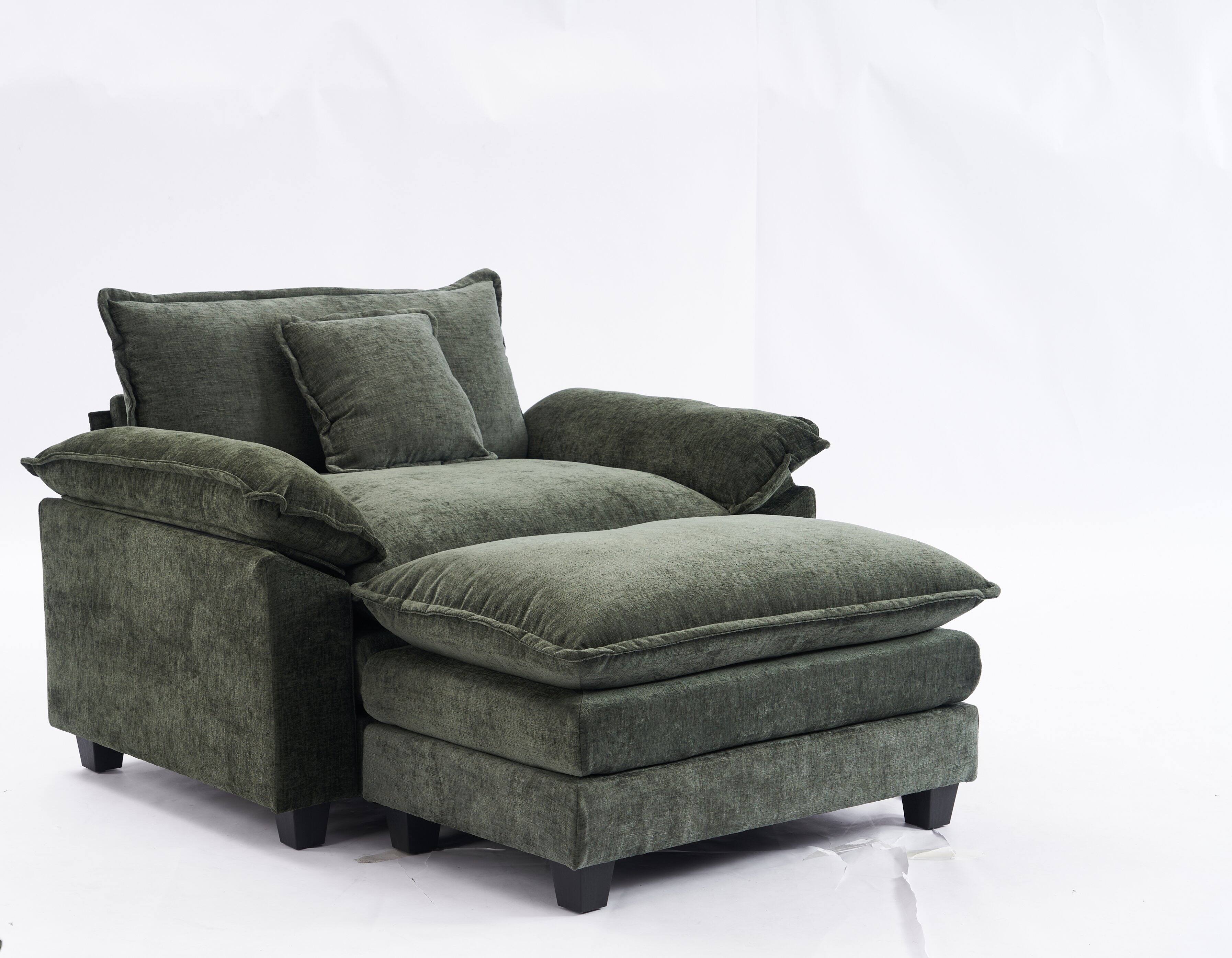 Angle. JUJABU - Green Chenille Modular Single Sofa with Ottoman and Pillow for Living Room - Green.