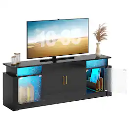 Bestier - Modern 55-70" TV Stand with RGB LED, spacious storage, adjustable shelves & glossy acrylic doors for living room/bedroom - Black