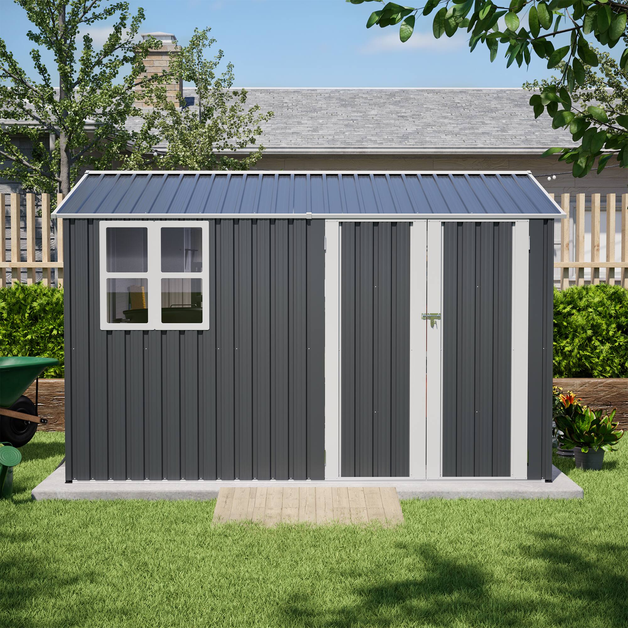 Left. Mondawe - 10X8FT Outdoor Steel Storage Shed with Clear Window, Lockable Doors and Floor Frame - Gray.