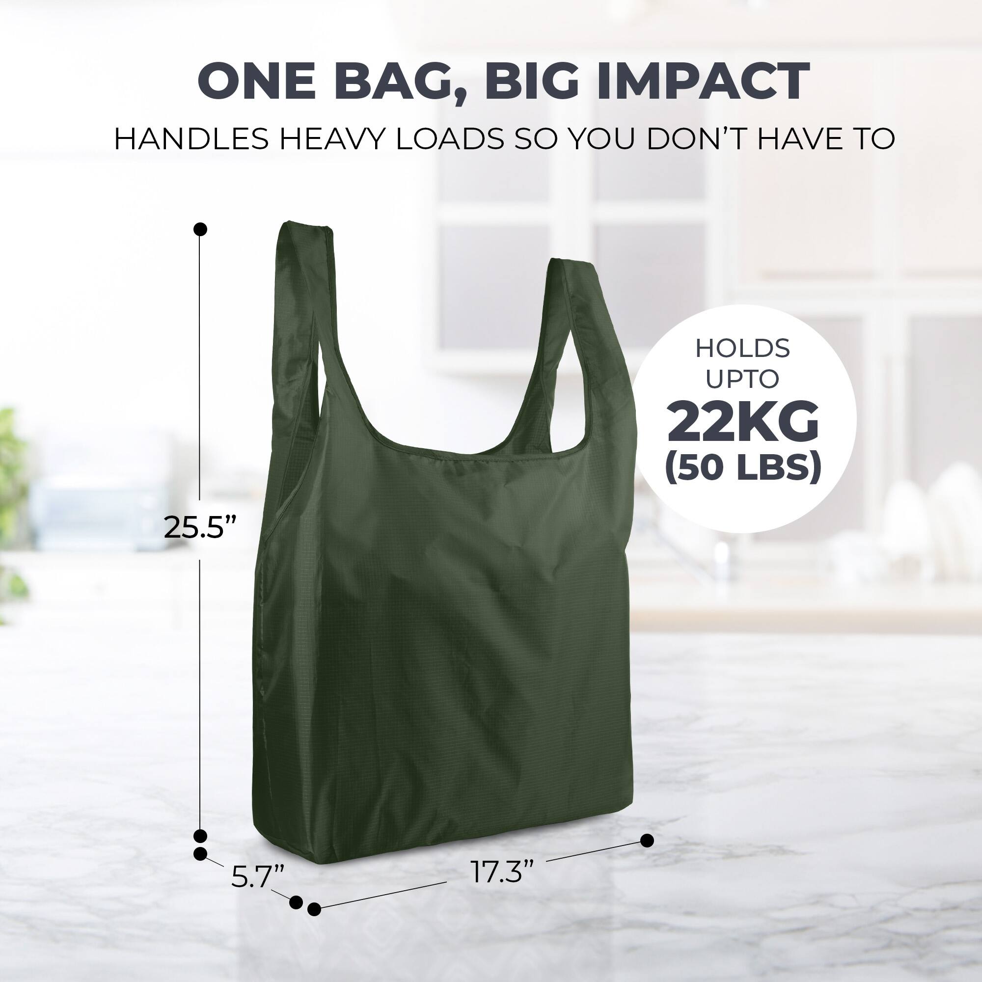 ONE BAG, BIG IMPACT  
HANDLES HEAVY LOADS SO YOU DON'T HAVE TO  

25.5"  
HOLDS UPTO 22KG (50 LBS)  
5.7"  
17.3"