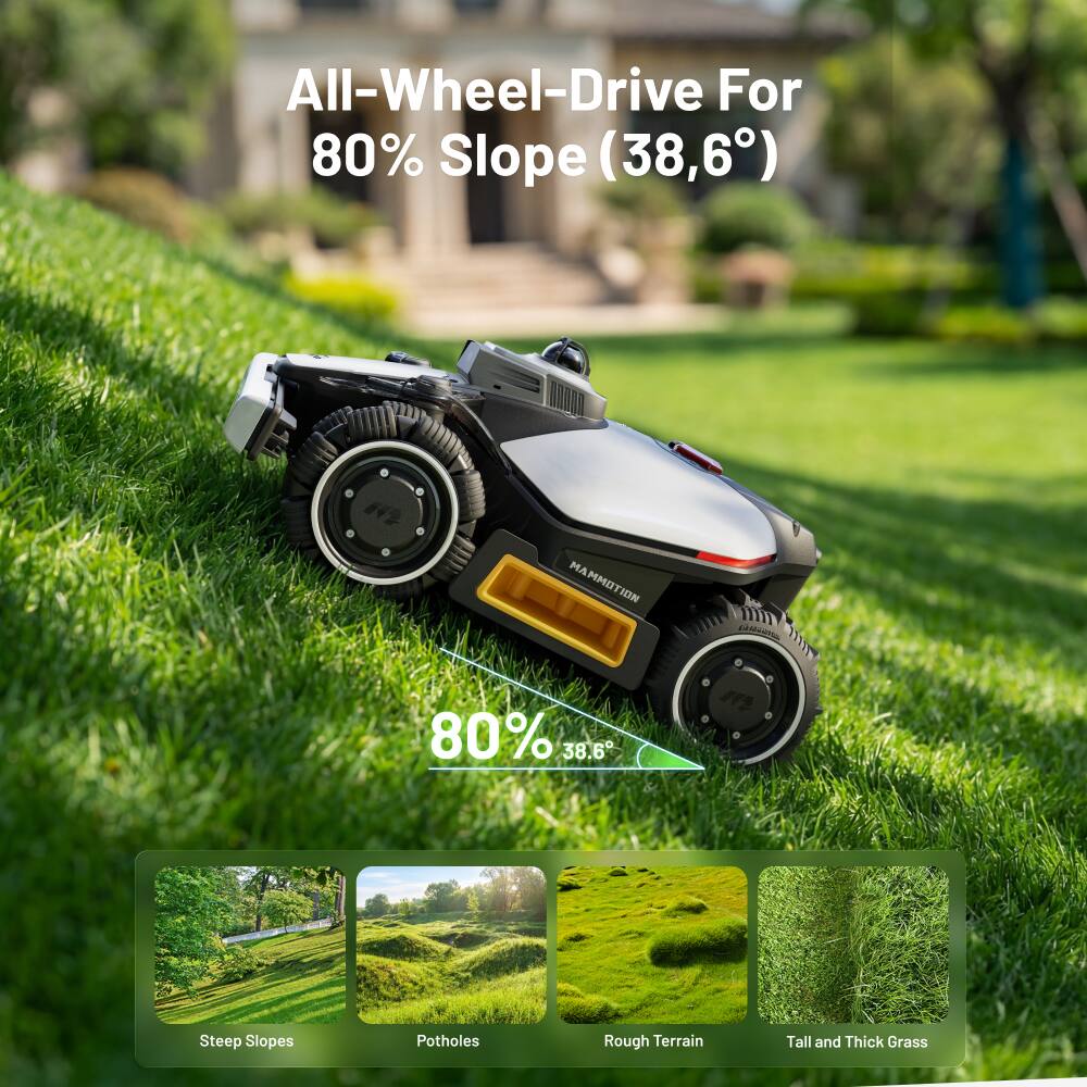 All-Wheel-Drive For 80% Slope (38.6°)

MAMMOTION C

80% Steep Slopes

Potholes

Rough Terrain

Tall and Thick Grass