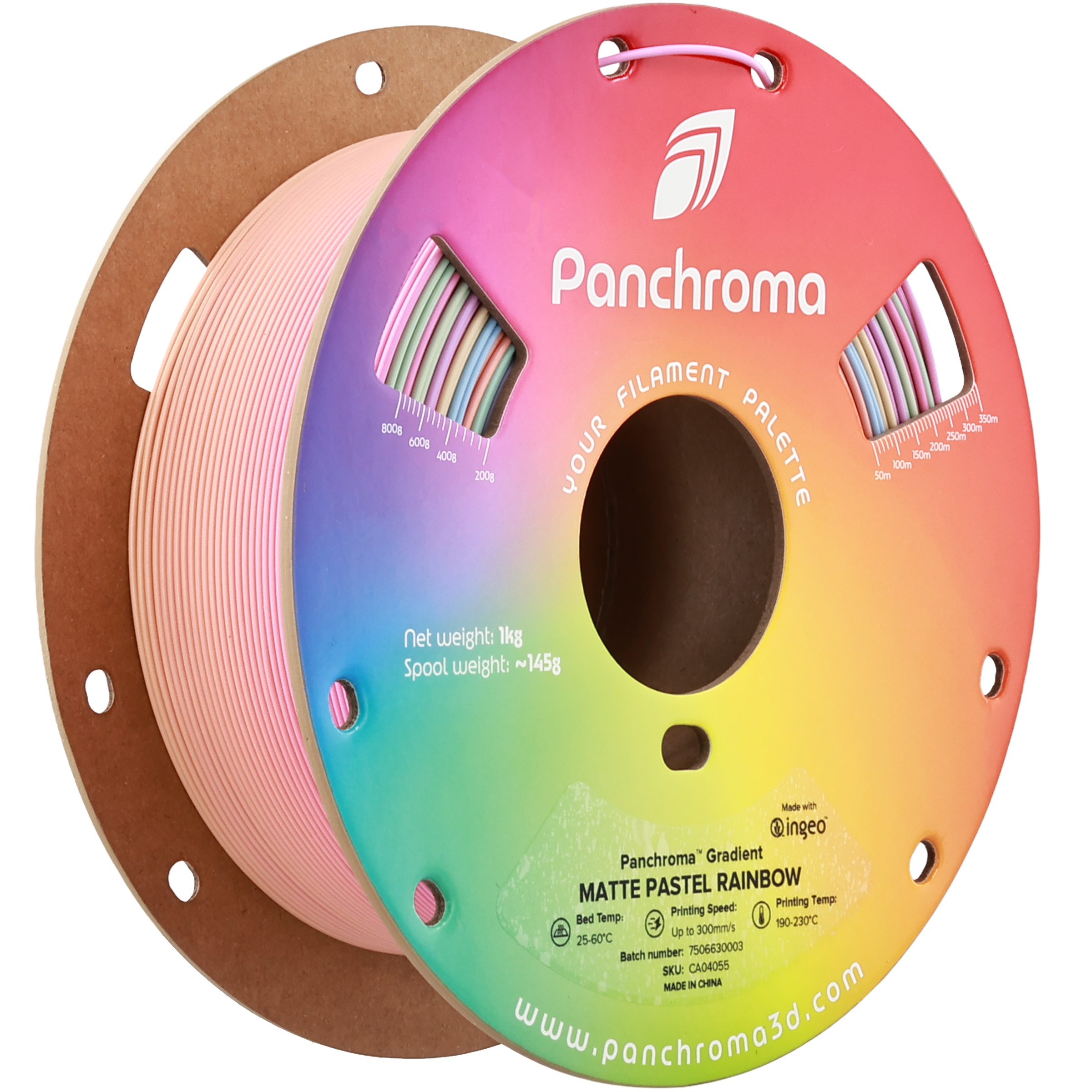 Panchroma FILAMENT 350m 8006 500m 250m 600g PALETTE 200m 400g 200g YOUR 50m 100m 5om Net weight: 1kg Spool weight: 145g Made wth ingeo Panchroma Gradient MATTE PASTEL RAINBOW Printing Temp Printing Speed: i Bed Temp 3 90-230C Up 0 300mms 25-60C Batch number 7506630003 SKU CA04055 MADE g www.panchromo3d.com