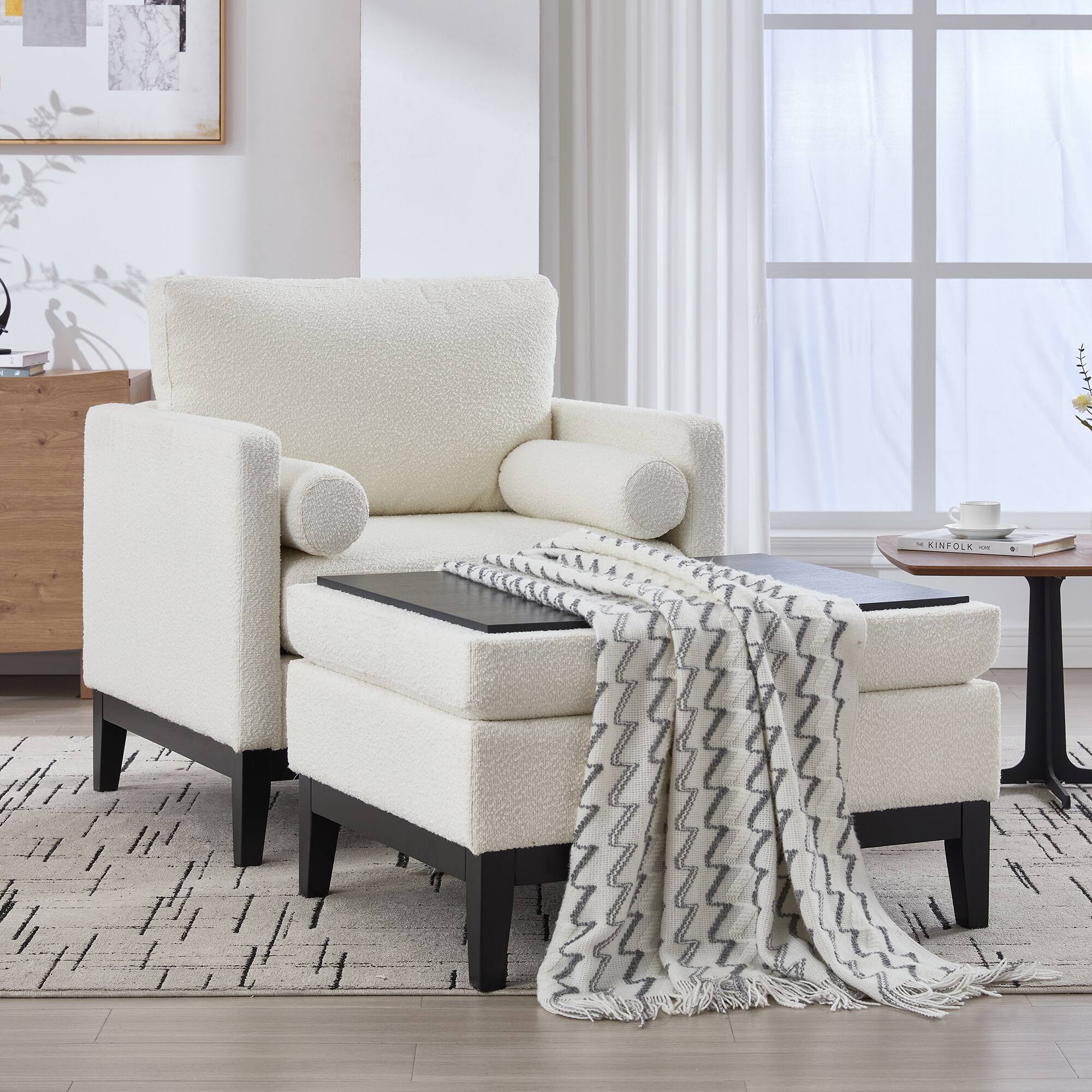 Alt View 2. APRILSOUL - Wide Farmhouse Performance Upholstered Wood Base Square Accent Arm Chair for Living Room Office and Lounge Ivory Boucle - Ivory.