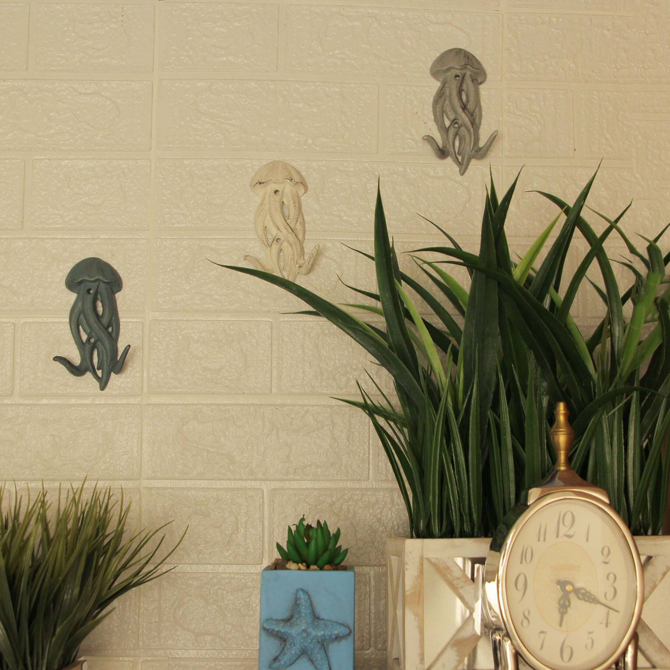 Alt View 3. Zeckos - Set of 3 Cast Iron Jellyfish Wall Hooks 5 Inches High - Blue , Gray, White - Multicolored.
