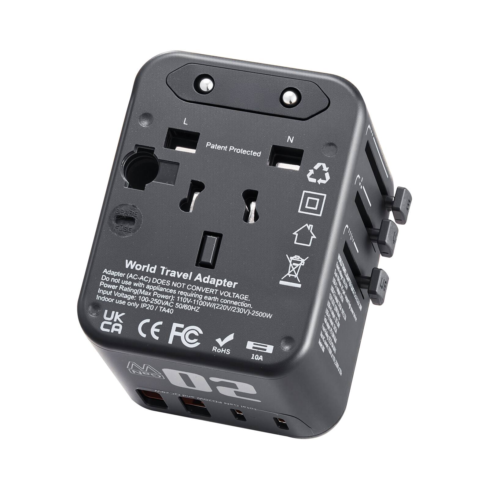World Travel Adapter  
Adapter (AC-AC) DOES NOT CONVERT VOLTAGE.  
Do not use with appliances requiring 100-250VAC IP20 50/60HZ 110V-1100W/(220V/230V)-2500W  
Input Voltage: 100-250VAC  
Output Voltage: 110V-1100W  
Indoor use only  
IP20  
TA40  
10A  
UK CA CE FC RoHS  
Patent Protected  
L N  
USB  
10A  
MINDO  
02