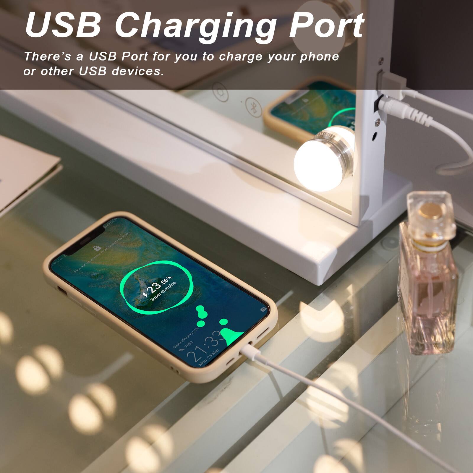 USB Charging Port  
There's a USB Port for you to charge your phone or other USB devices.  

23% charging  
Super Charging  
21:33  
Mon 25 Mar