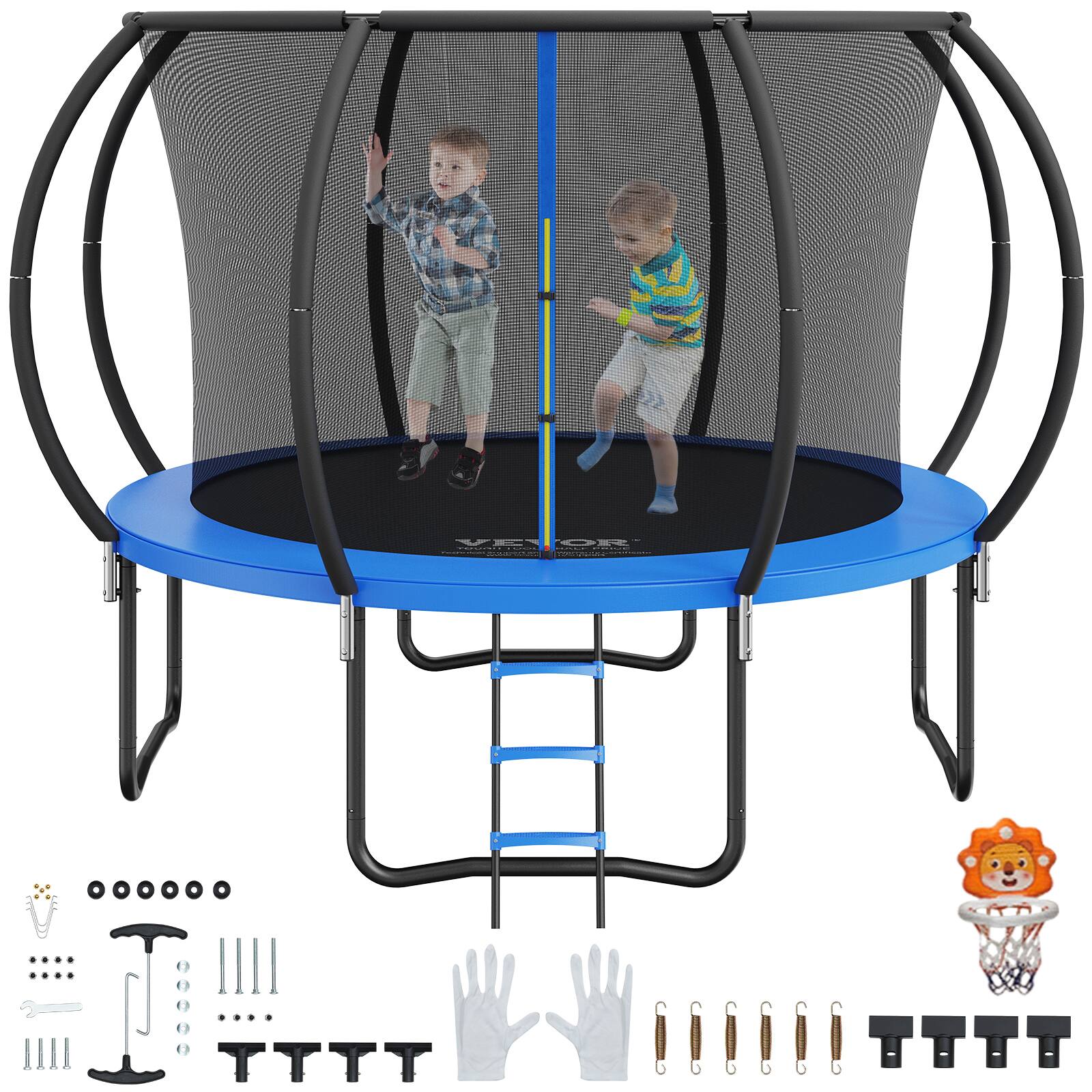 Front. VEVOR - 10FT Trampoline, 330 lbs Trampoline with Enclosure Net, Ladder, and Curved Pole, Heavy Duty Trampoline with Jumping Mat - Blue.