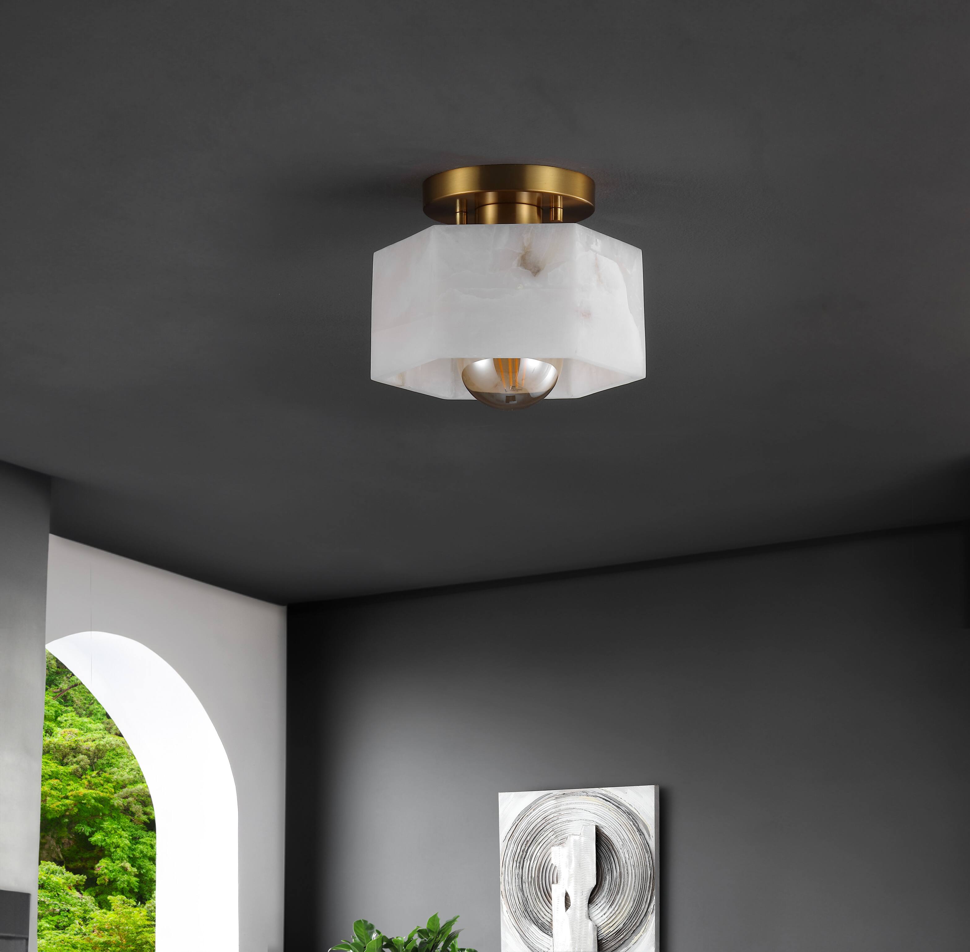 Alt View 5. Jonathan Y - Tessa 8" 1-Light Modern Contemporary Alabaster/Iron Hexagonal LED Semi Flush Mount, White Marbling/Brass Gold - White Marbling/Brass Gold.