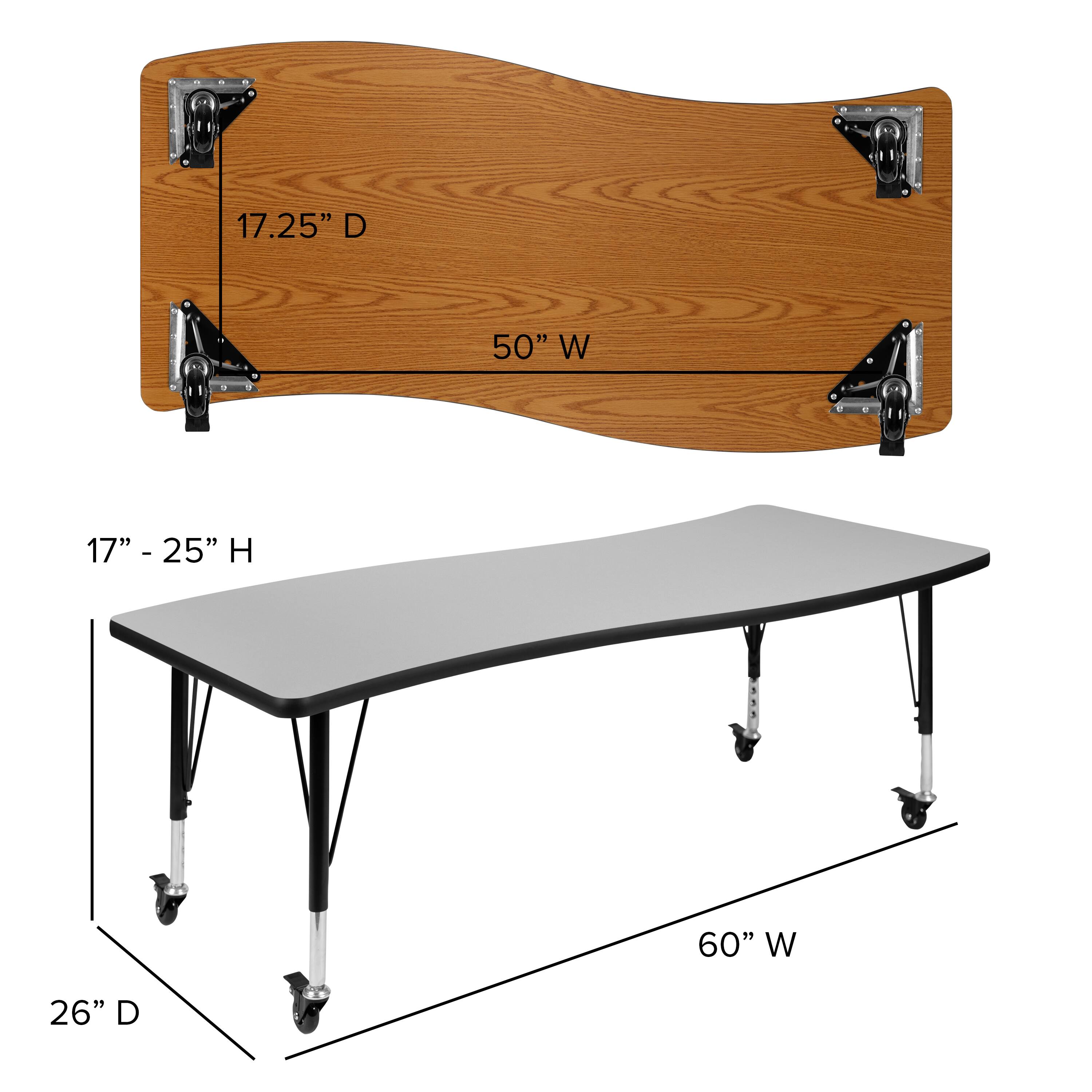 - 17.25" D x 50" W x 17" - 25" H x 60" W x 26" D