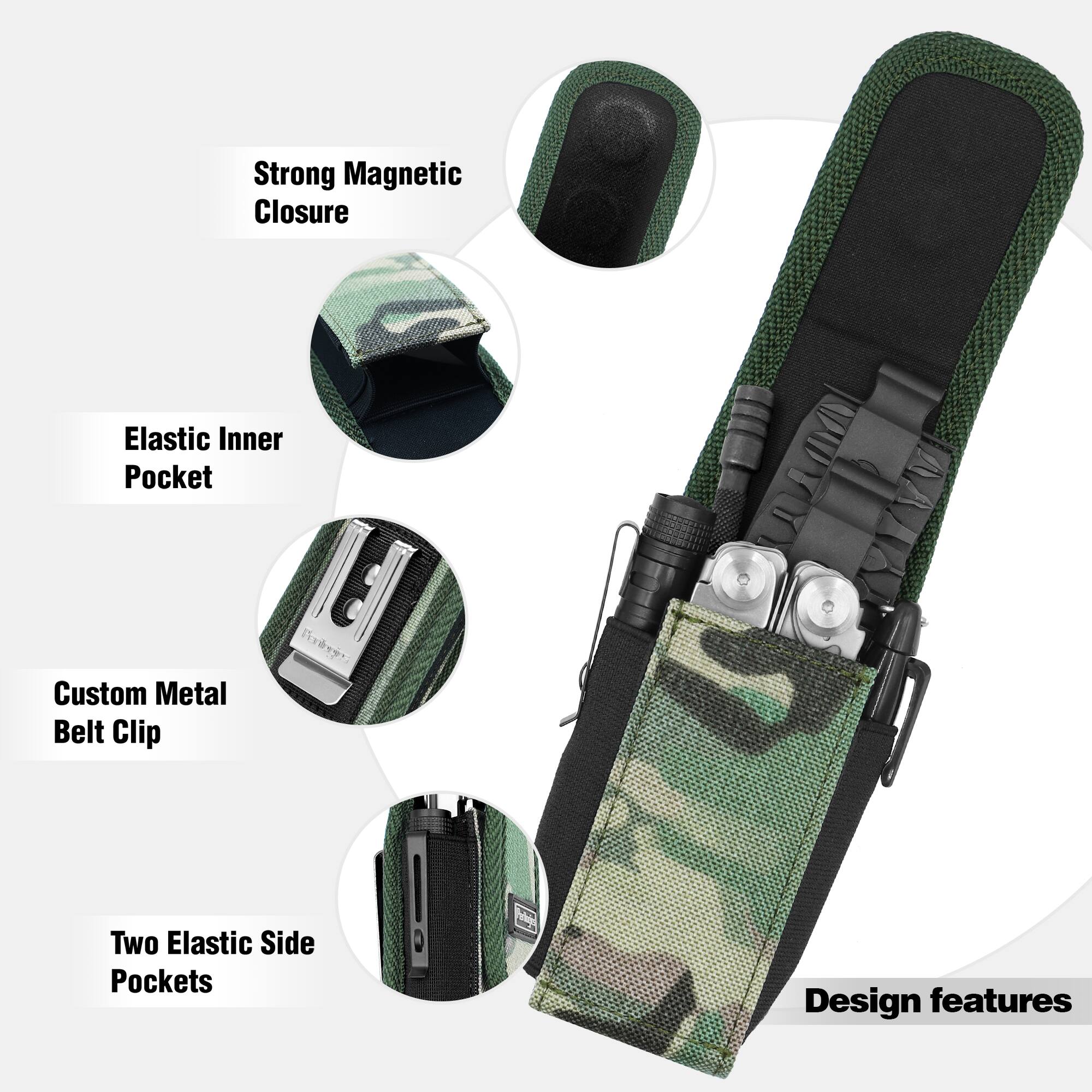 - Strong Magnetic Closure
- Elastic Inner Pocket
- Custom Metal Belt Clip
- Two Elastic Side Pockets

Design features