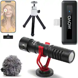 MOVO - VXR10 Shotgun Mic with WM-VXR10 Wireless Microphone Adapter and Tripod - for Lightning Compatible iPhones, iPads