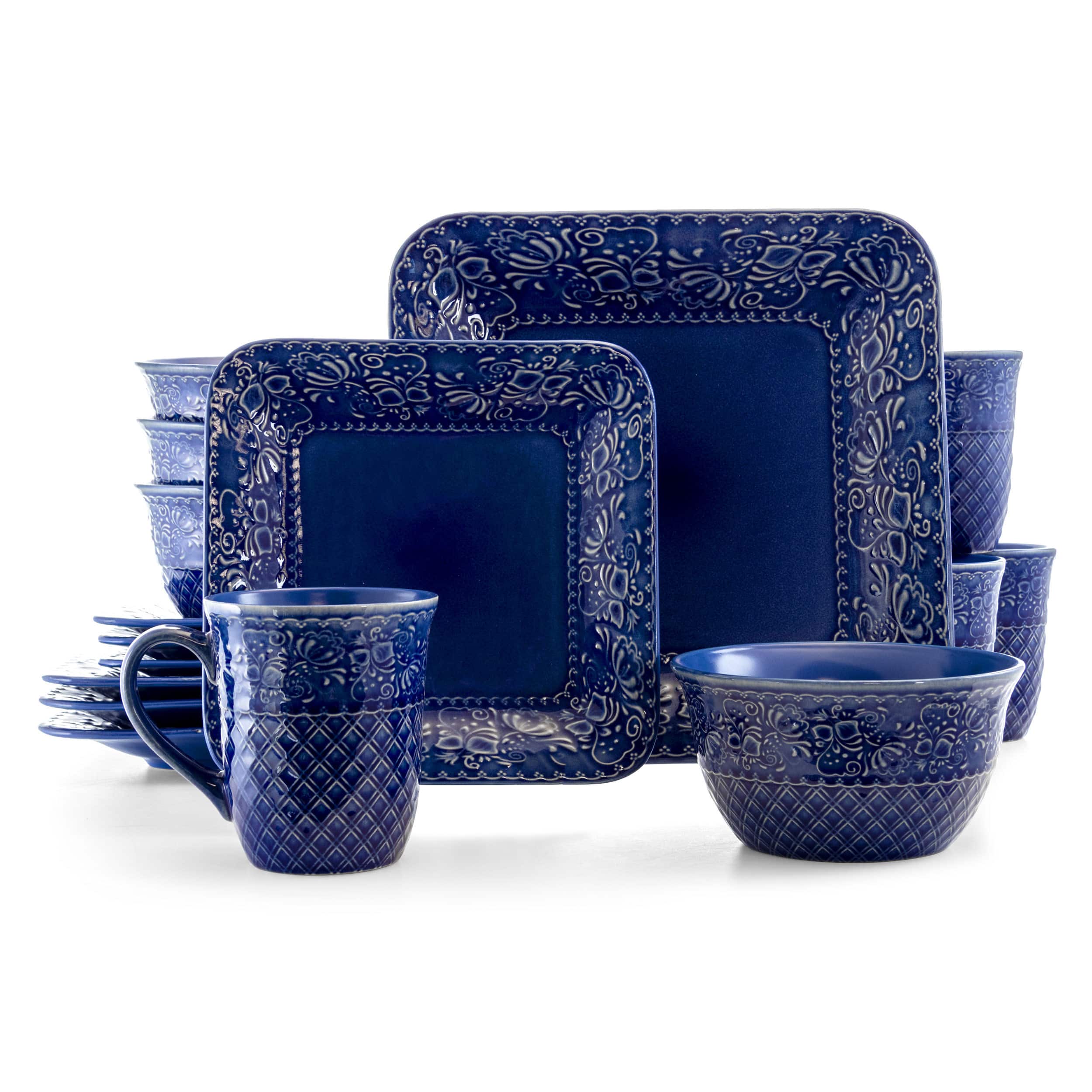 Alt View 7. Elama - Elama Indigo Lotus 16 Piece Square Dinnerware Set - Indigo.