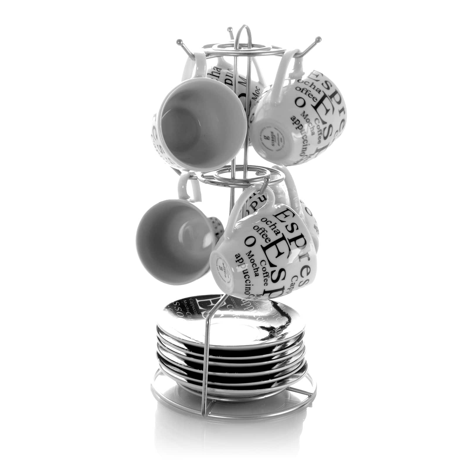 Gibson - Espresso 13 Piece Small 3 oz Stoneware Coffee Cup Set with Wire Saucer Cup Rack - White and Black