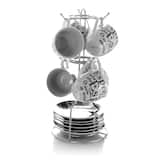 Gibson - Espresso 13 Piece Small 3 oz Stoneware Coffee Cup Set with Wire Saucer Cup Rack - White and Black