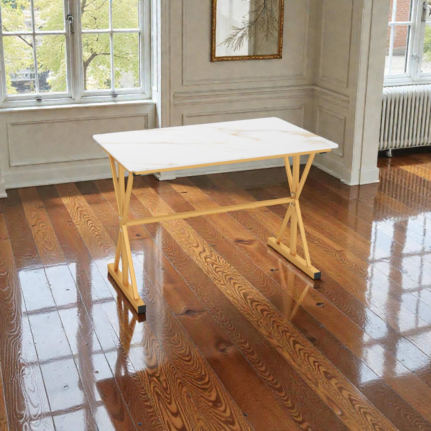 Front. Hivvago - 44” Table with Faux Marble Sintered Stone Top and Sturdy Metal Structure - White, Golden.