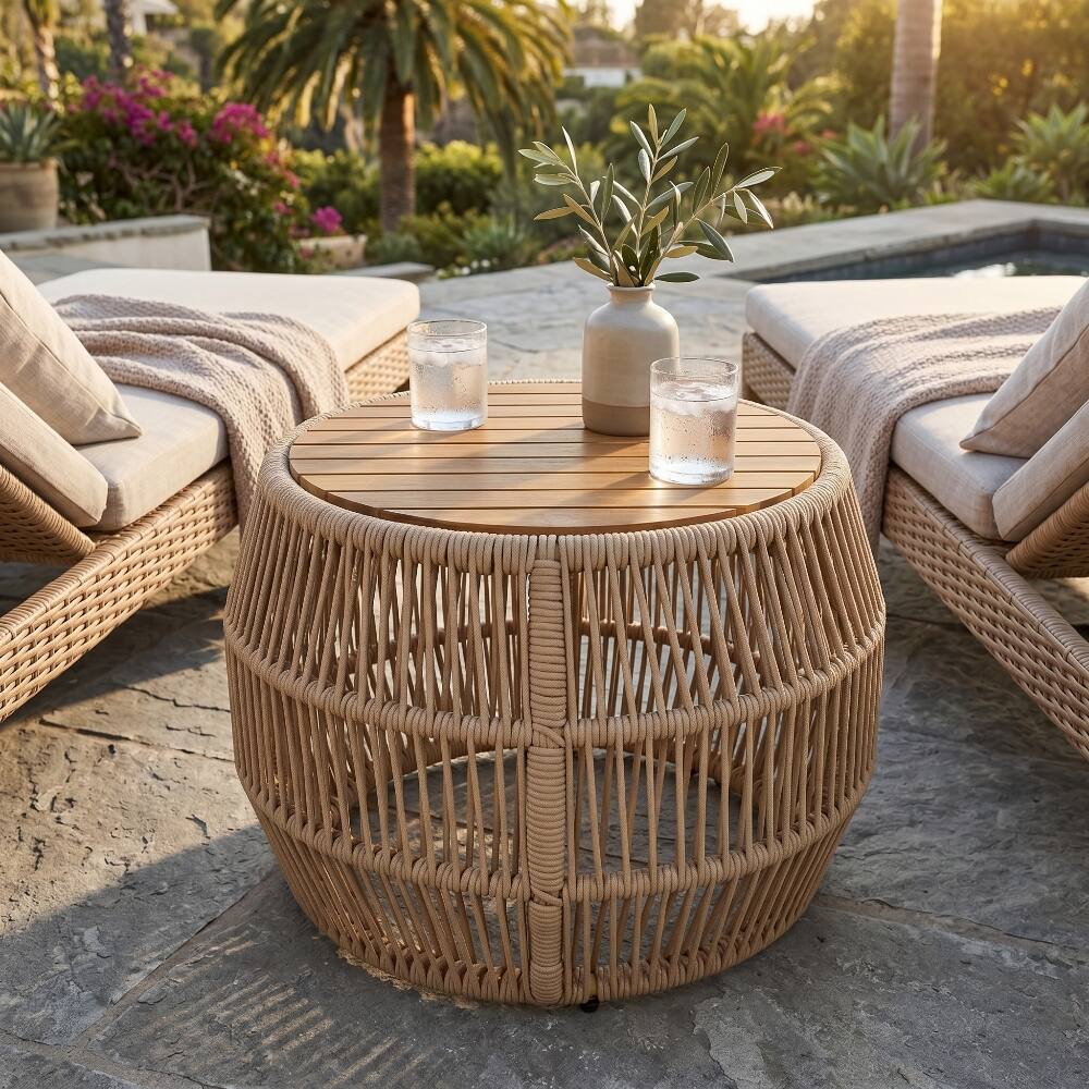 Left. Loheer - Loheer Round Acacia Wood Side Table Rope Frame Teak Finish - Light Beige.