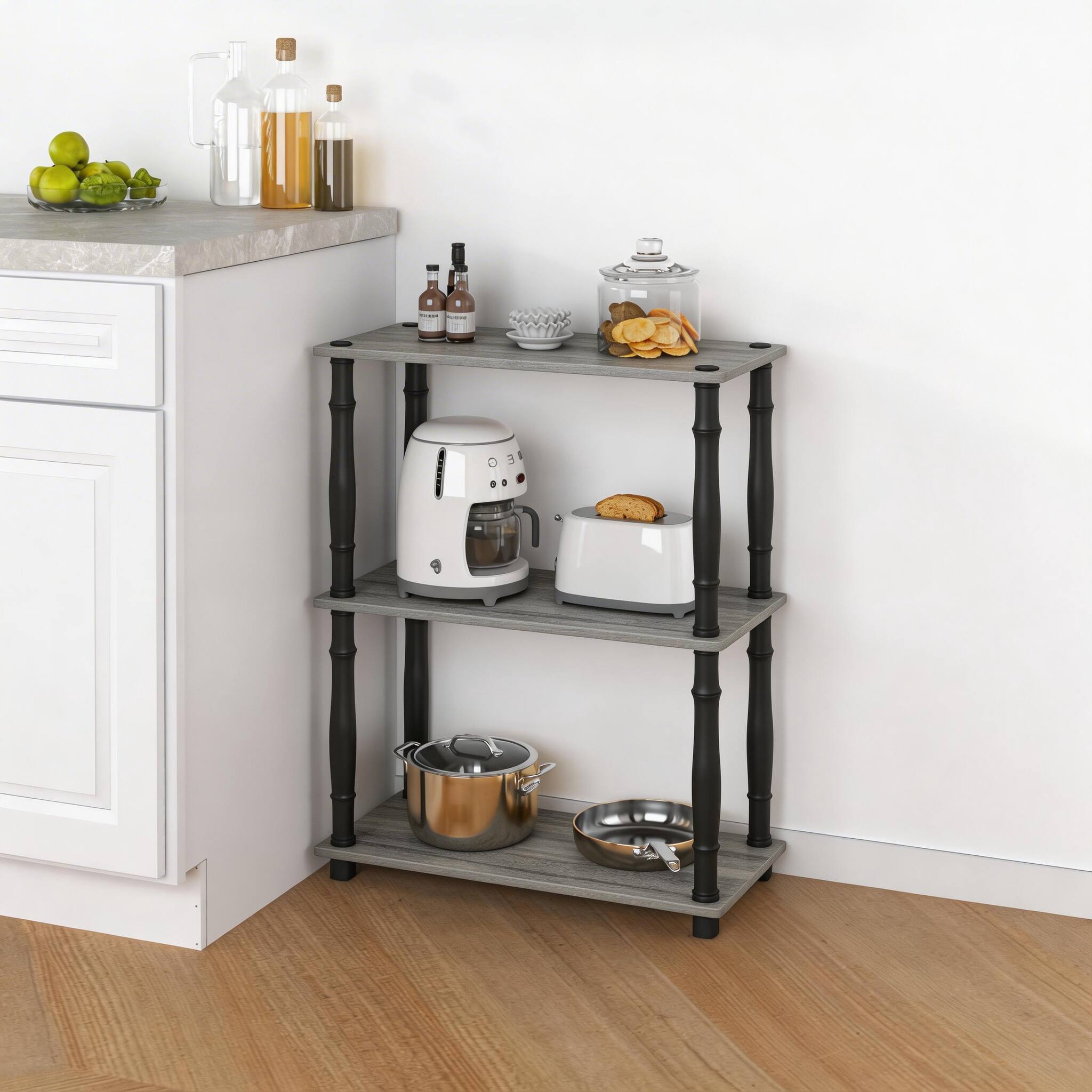 Left. HOMLUX - 3-Tier 29.5" Corner Shelf Open Shelves for Display for Living Room and Office Organization French Oak - Gray & Black.